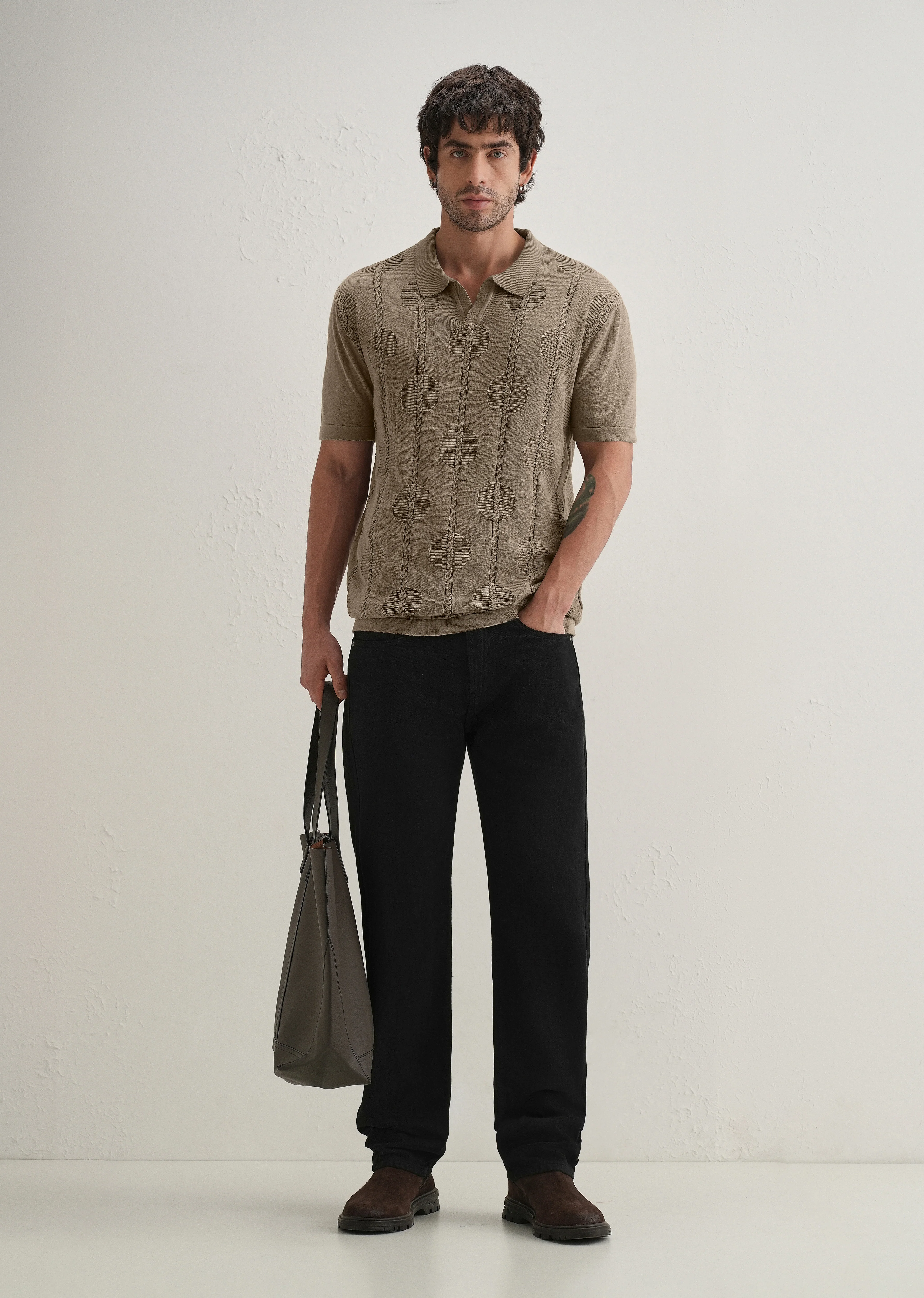 Knitted Taupe Beige Polo T-shirt - Image 6
