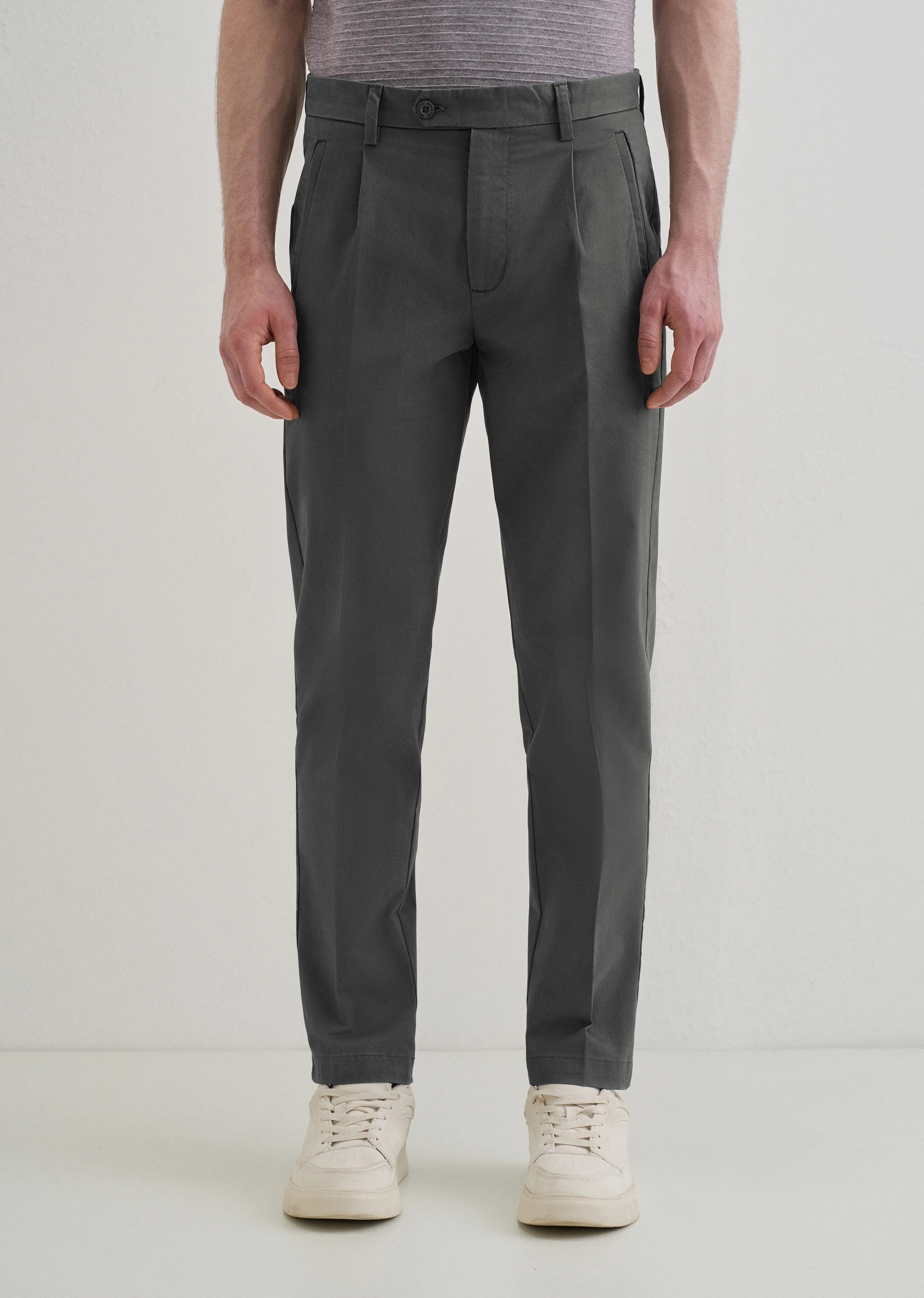 Lava Gray Plain Pleated Chinos - Image 3