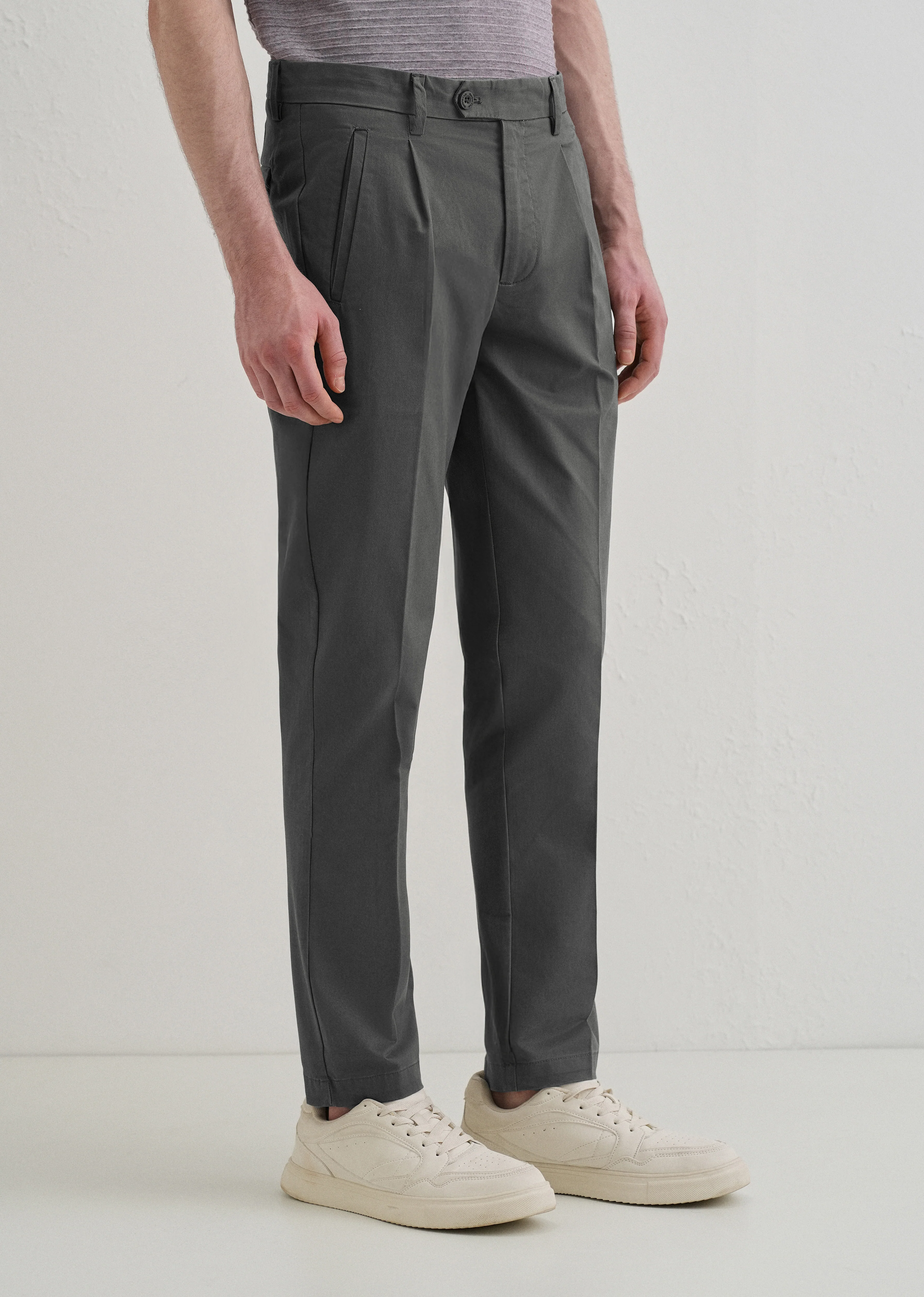 Lava Gray Plain Pleated Chinos - Image 4