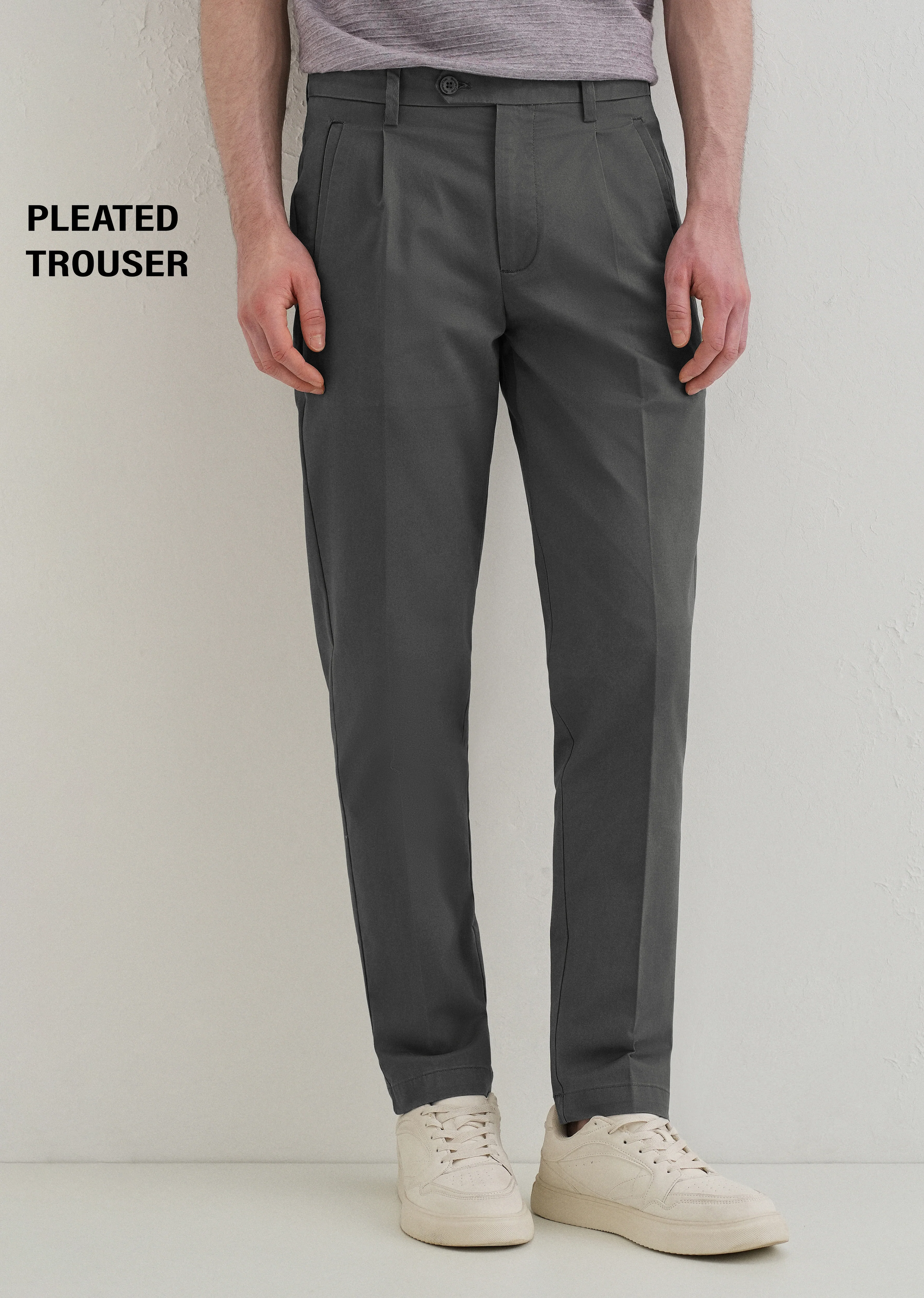 Lava Gray Plain Pleated Chinos - Image 7