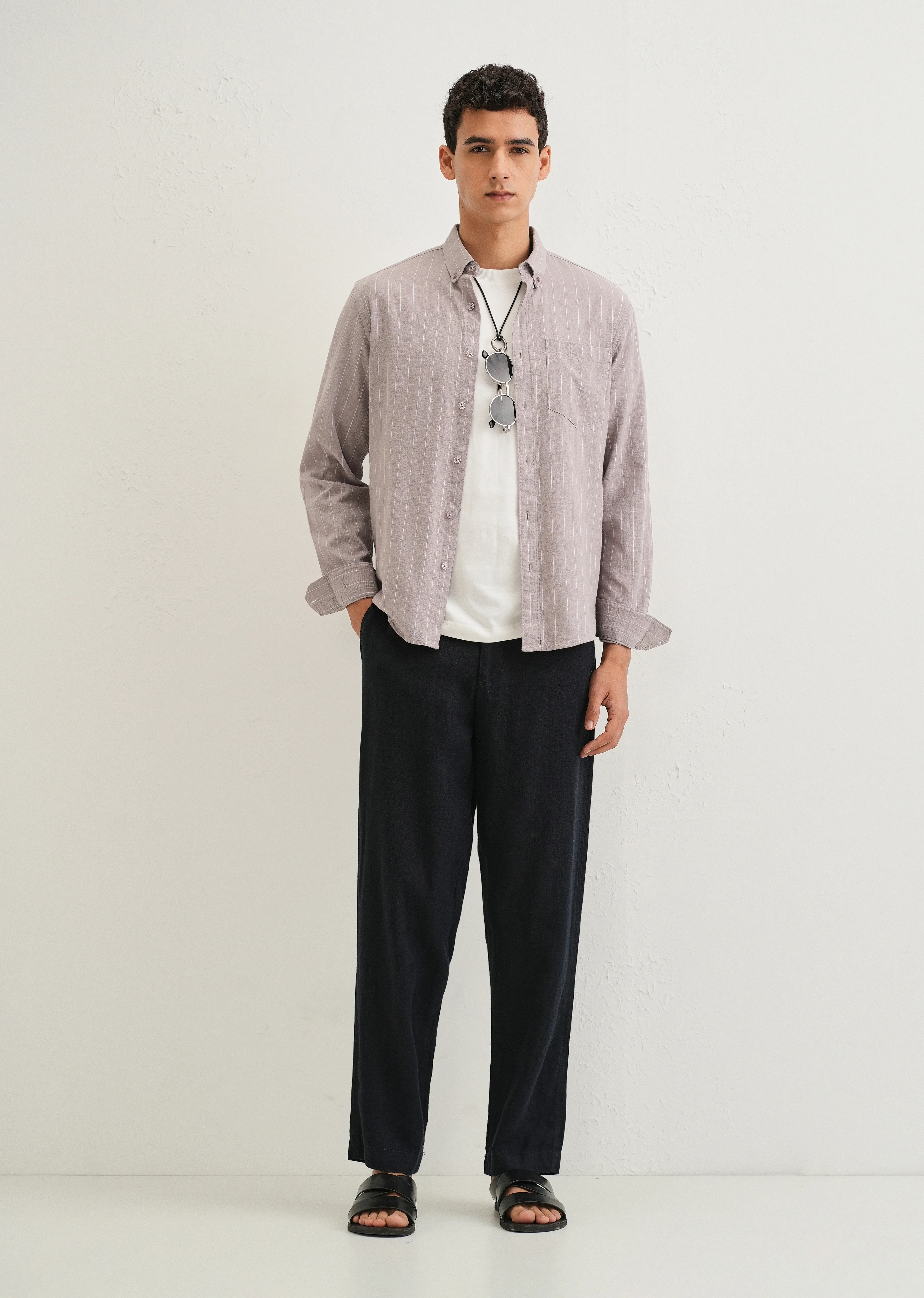 Lavender Gray Striped Cotton Linen Shirt - Image 6
