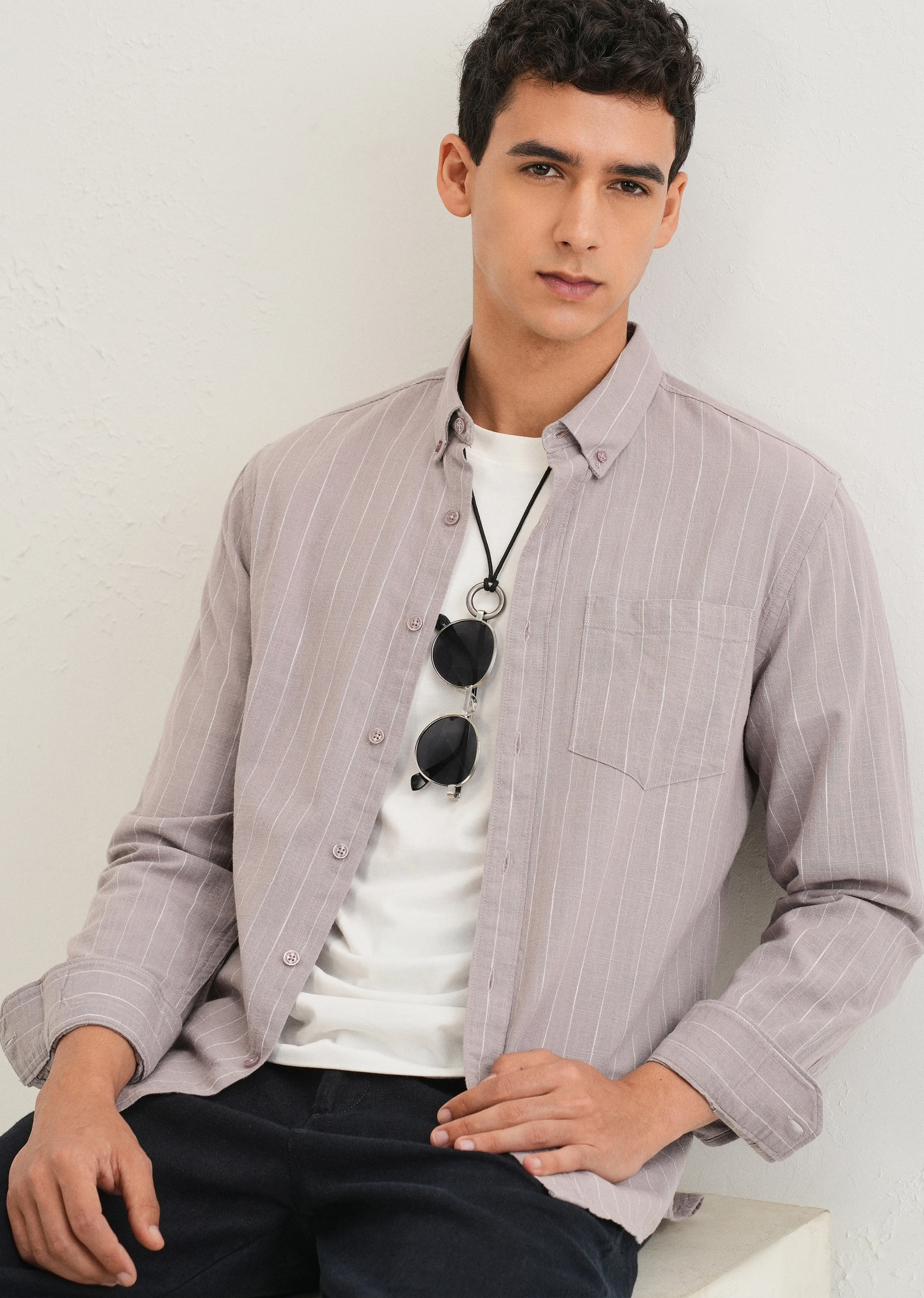 Lavender Gray Striped Cotton Linen Shirt - Image 7