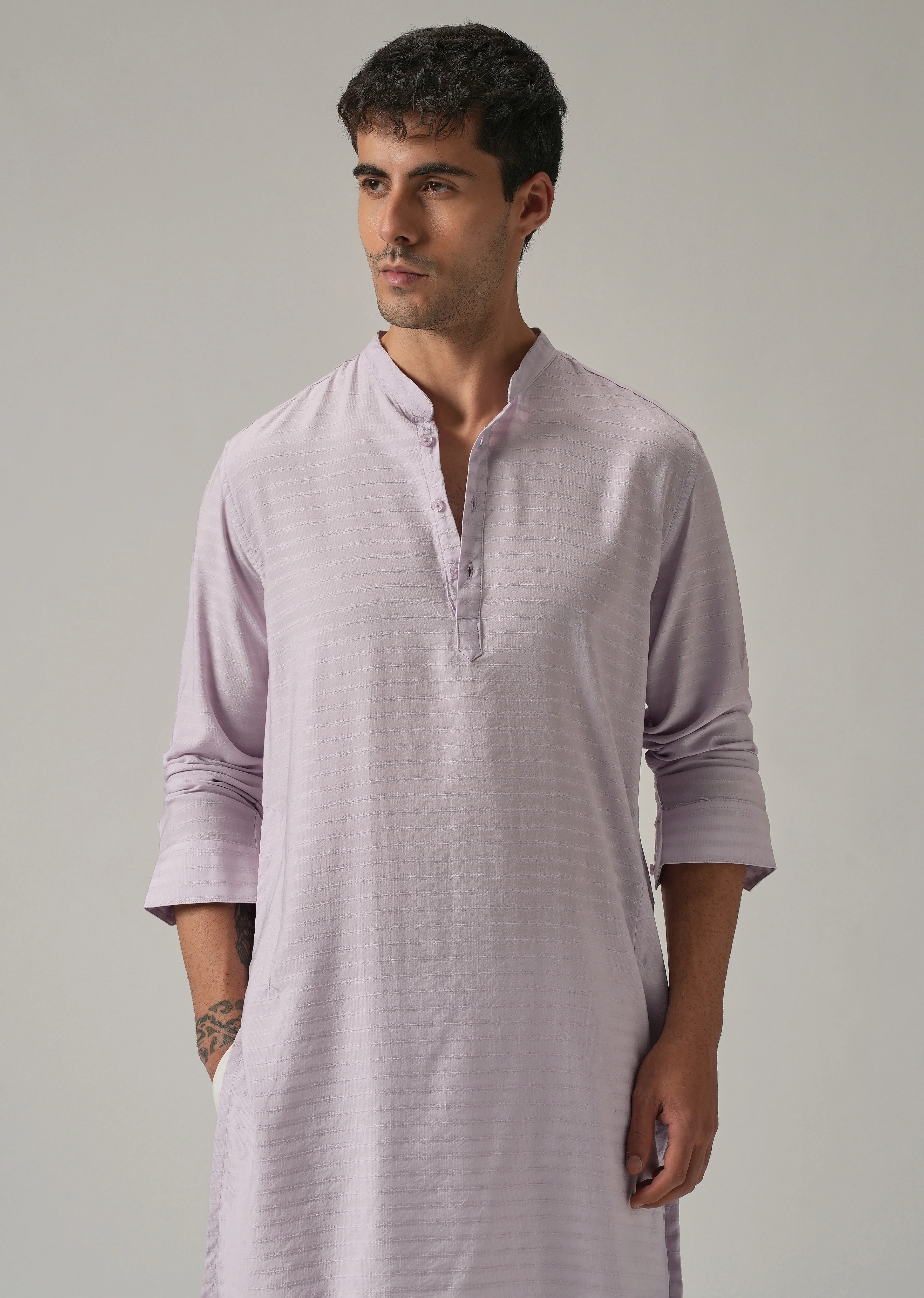 Lavender Nylon Self Stripe Kurta - Image 6