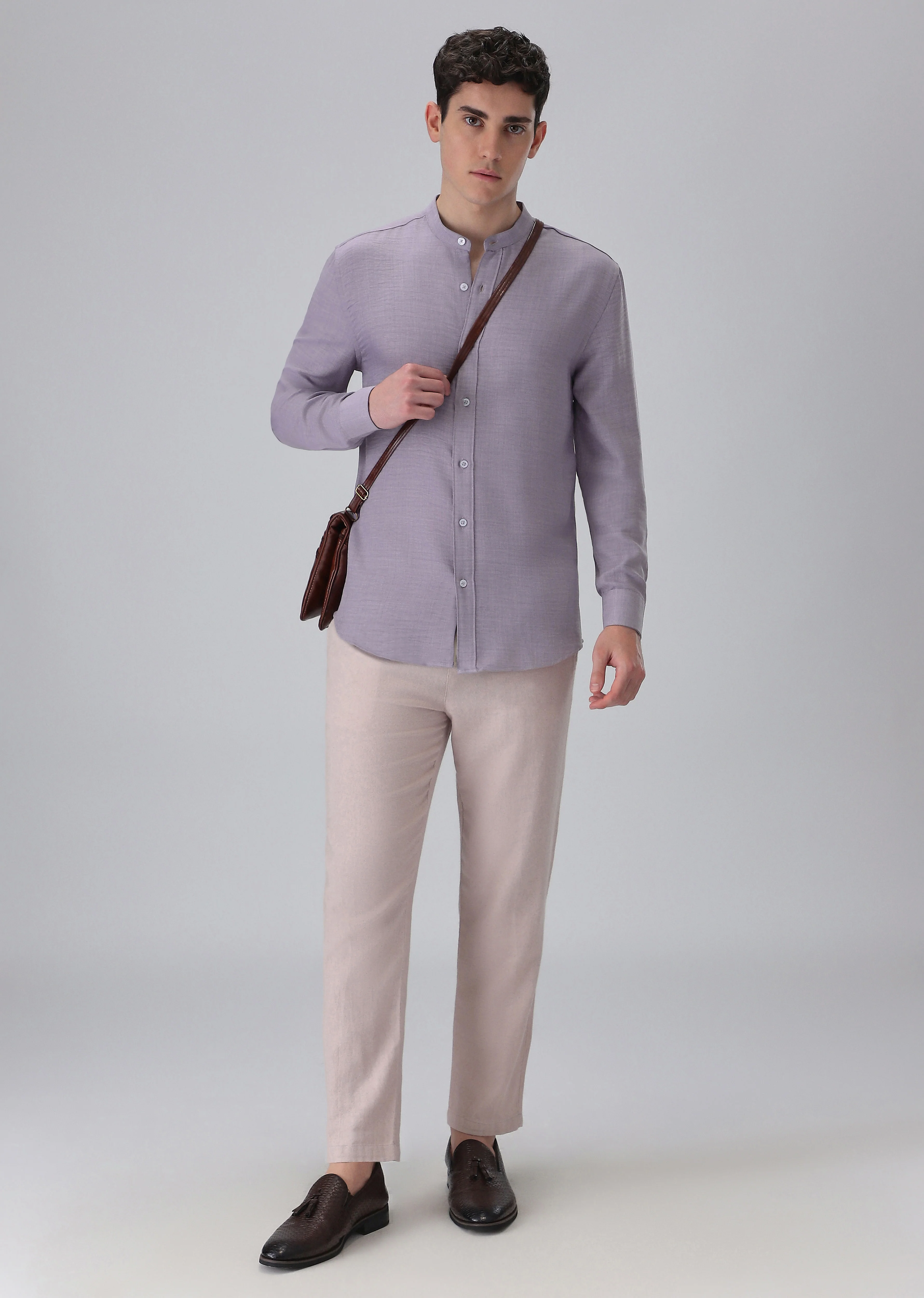 Lavender Plain Mandarin Collar Shirt - Image 6