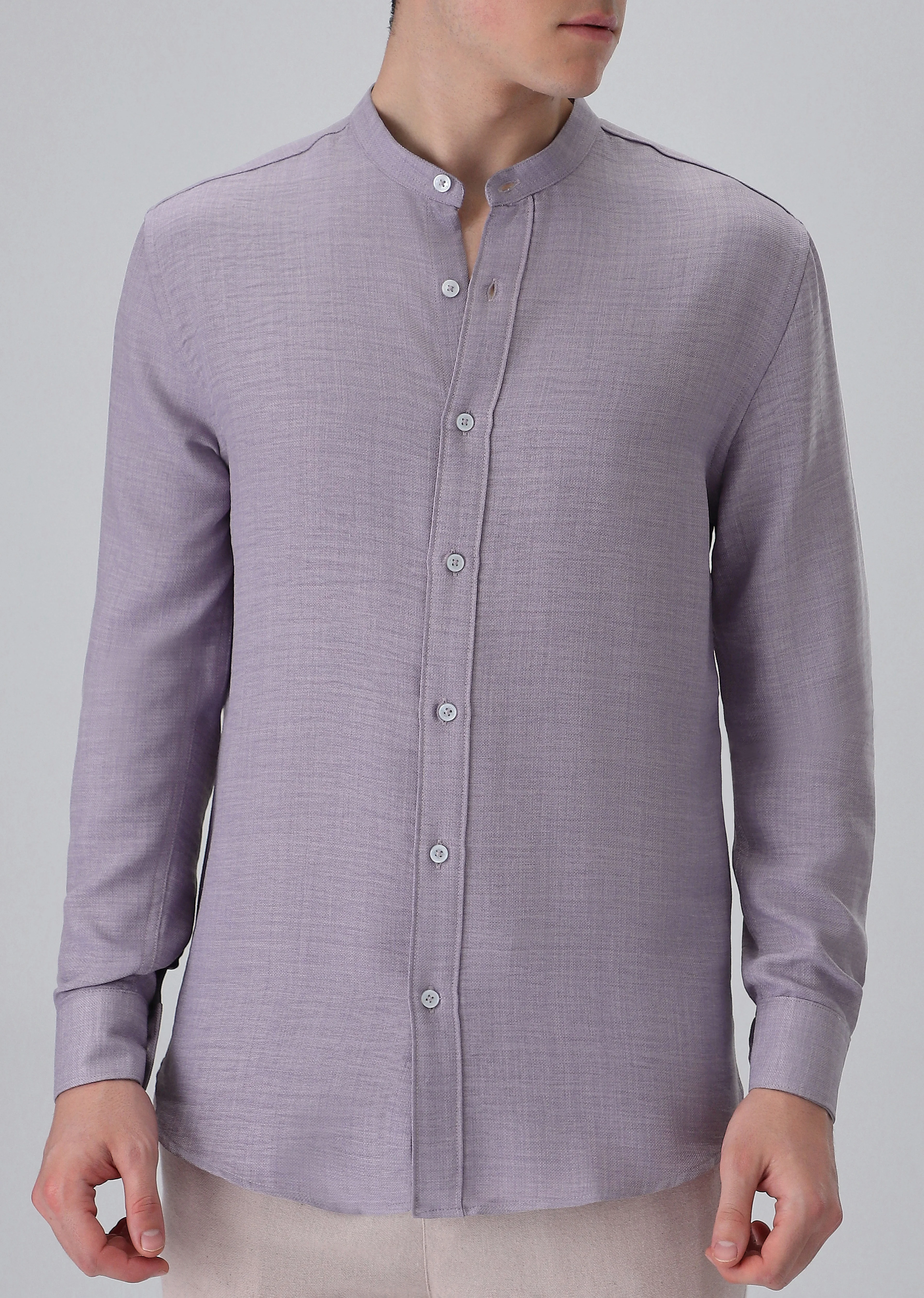 Lavender Plain Mandarin Collar Shirt - Image 7