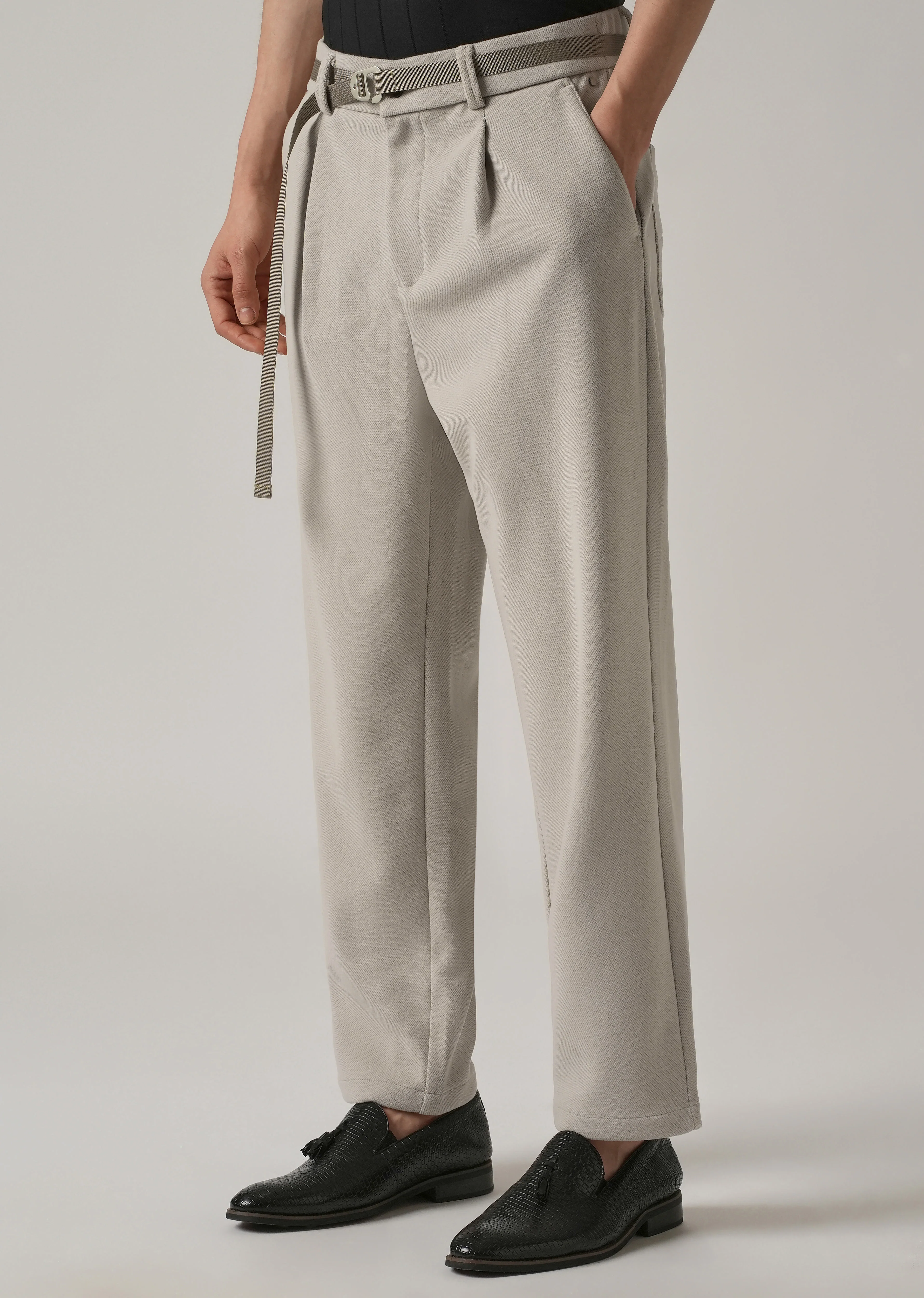 Light Beige Relaxed Fit Textured Pleated Pant - Image 4