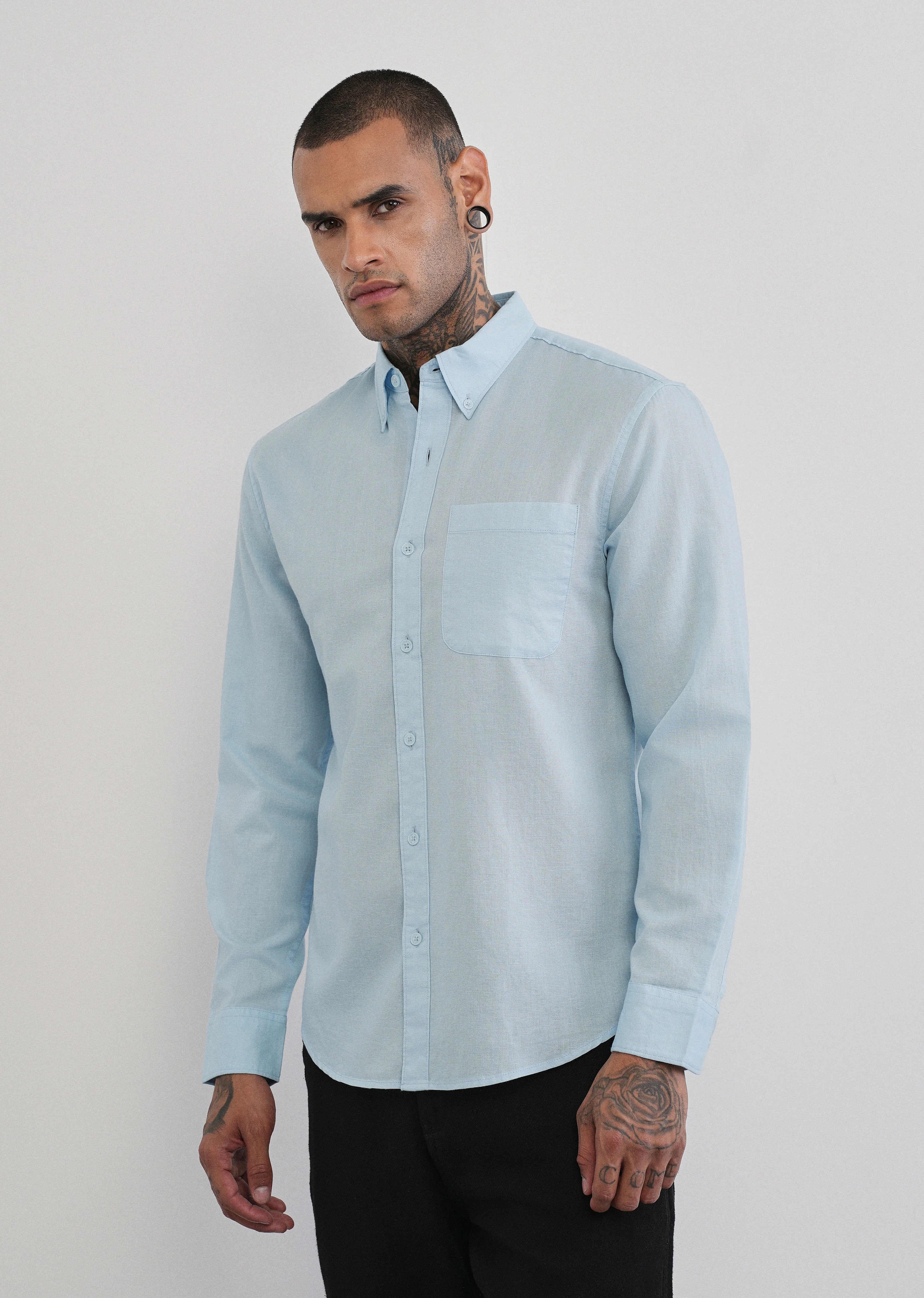 Light Blue Cotton Linen Plain Shirt - Image 4