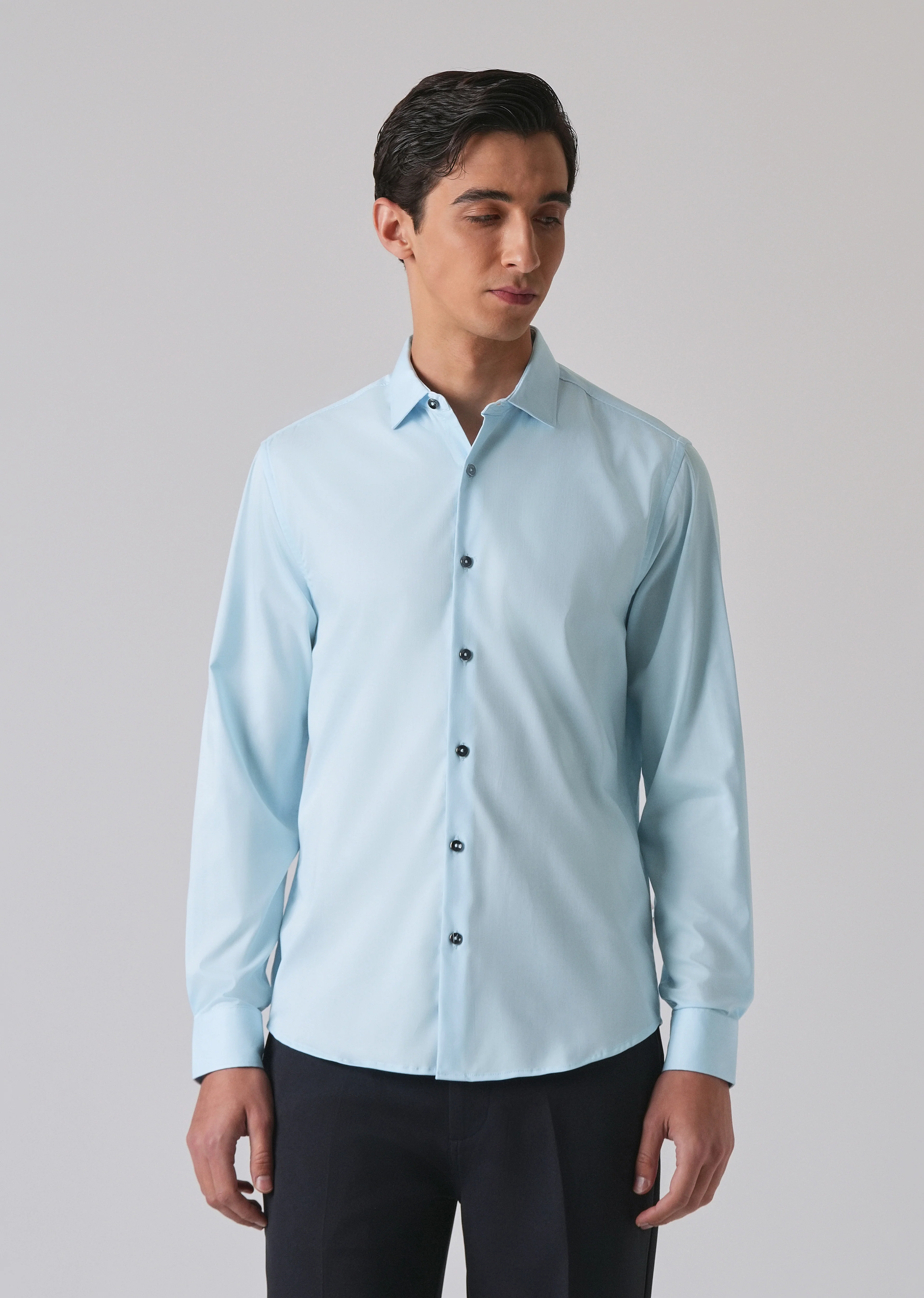 Light Blue Cotton Stretch Plain Shirt - Image 2