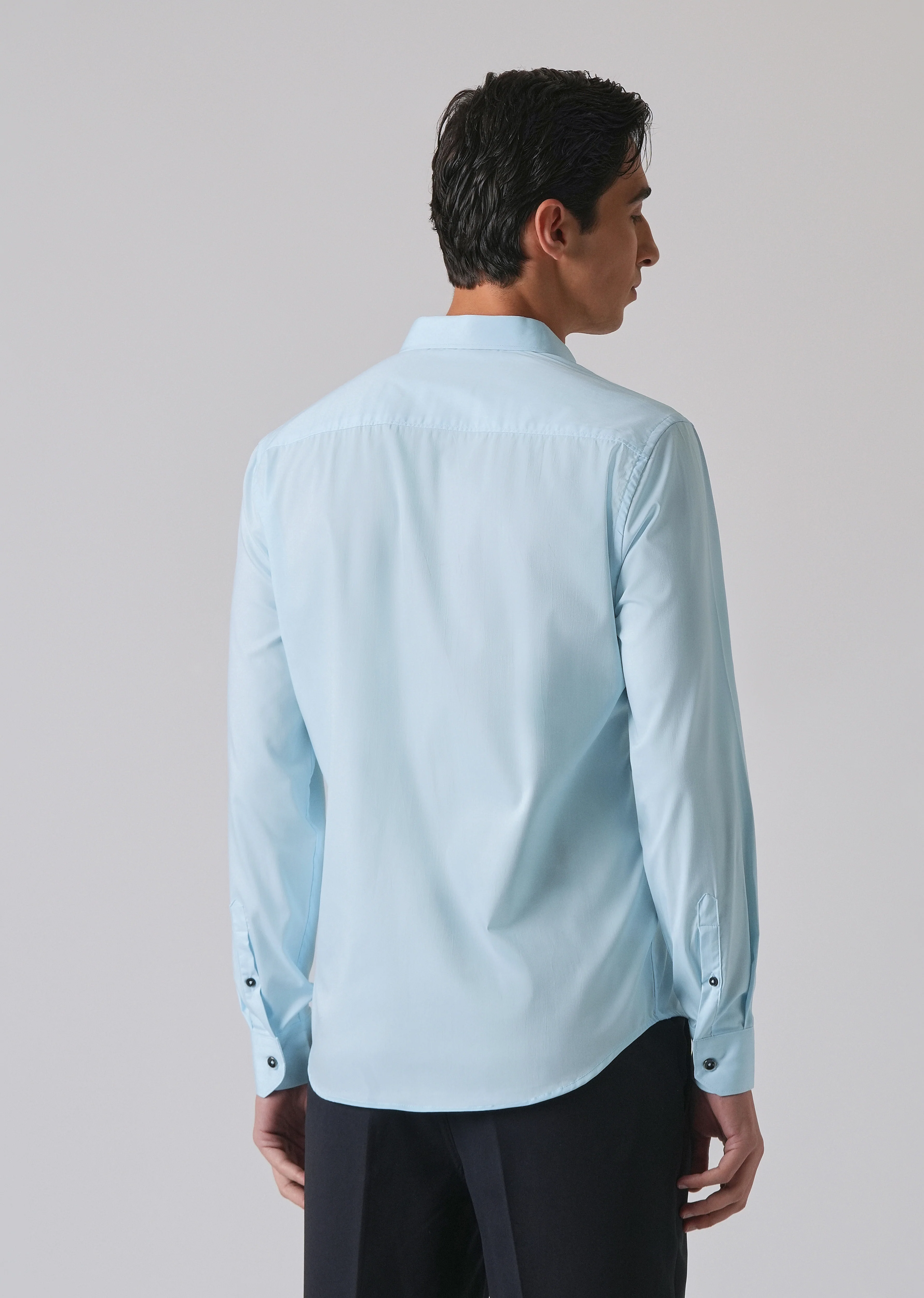 Light Blue Cotton Stretch Plain Shirt - Image 3