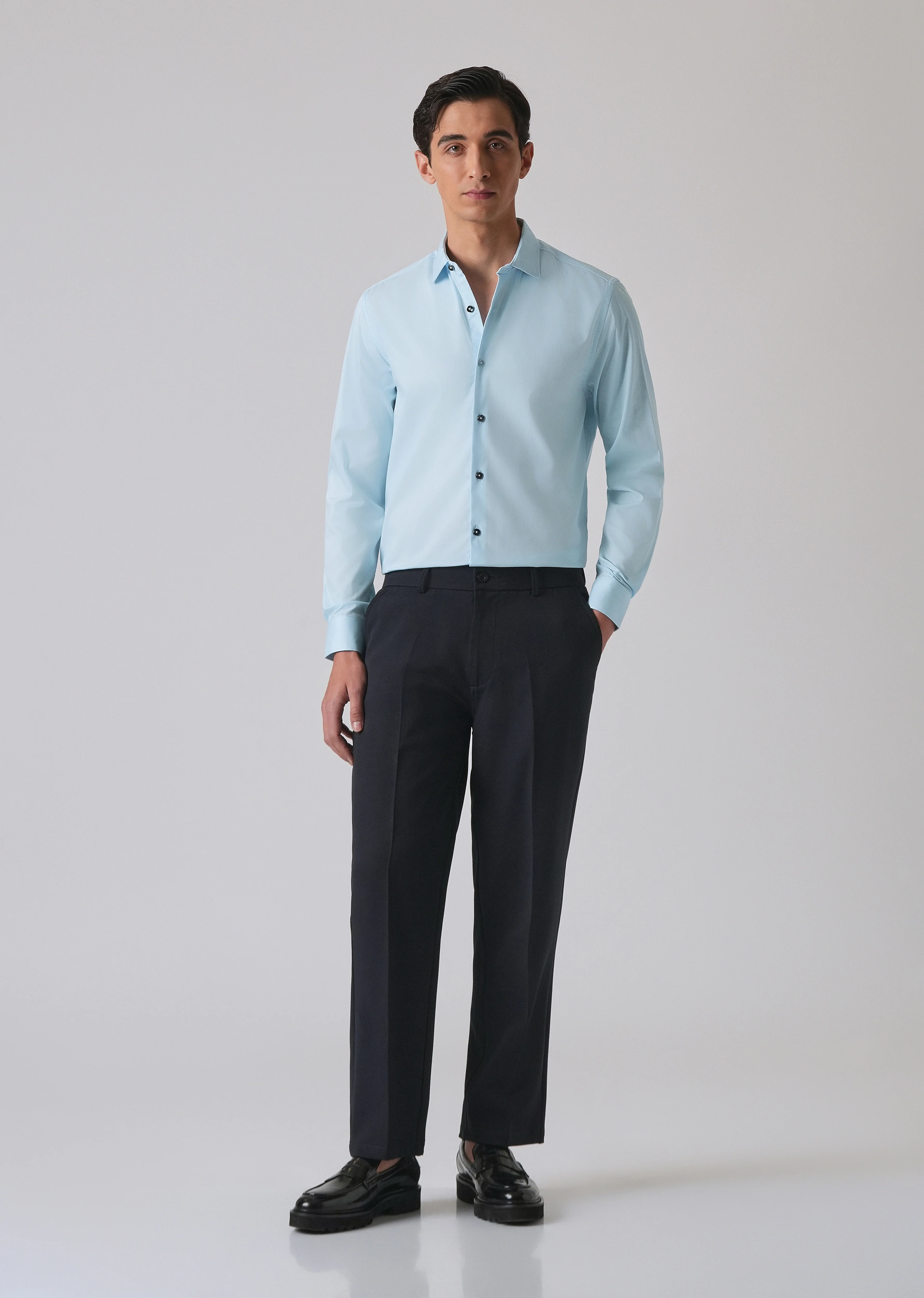 Light Blue Cotton Stretch Plain Shirt - Image 6