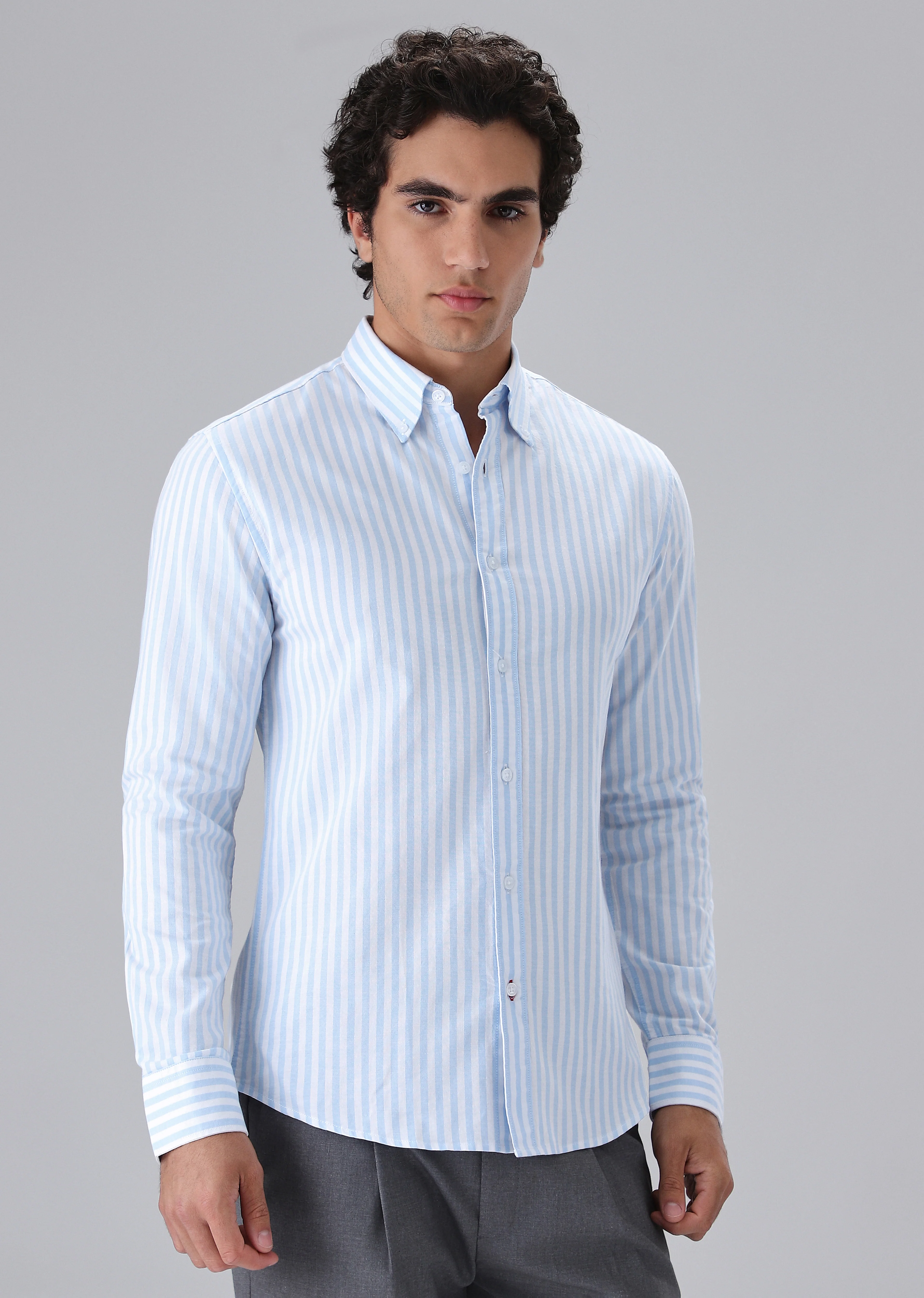 Light Blue Cotton Oxford Stripe Shirt - Image 4