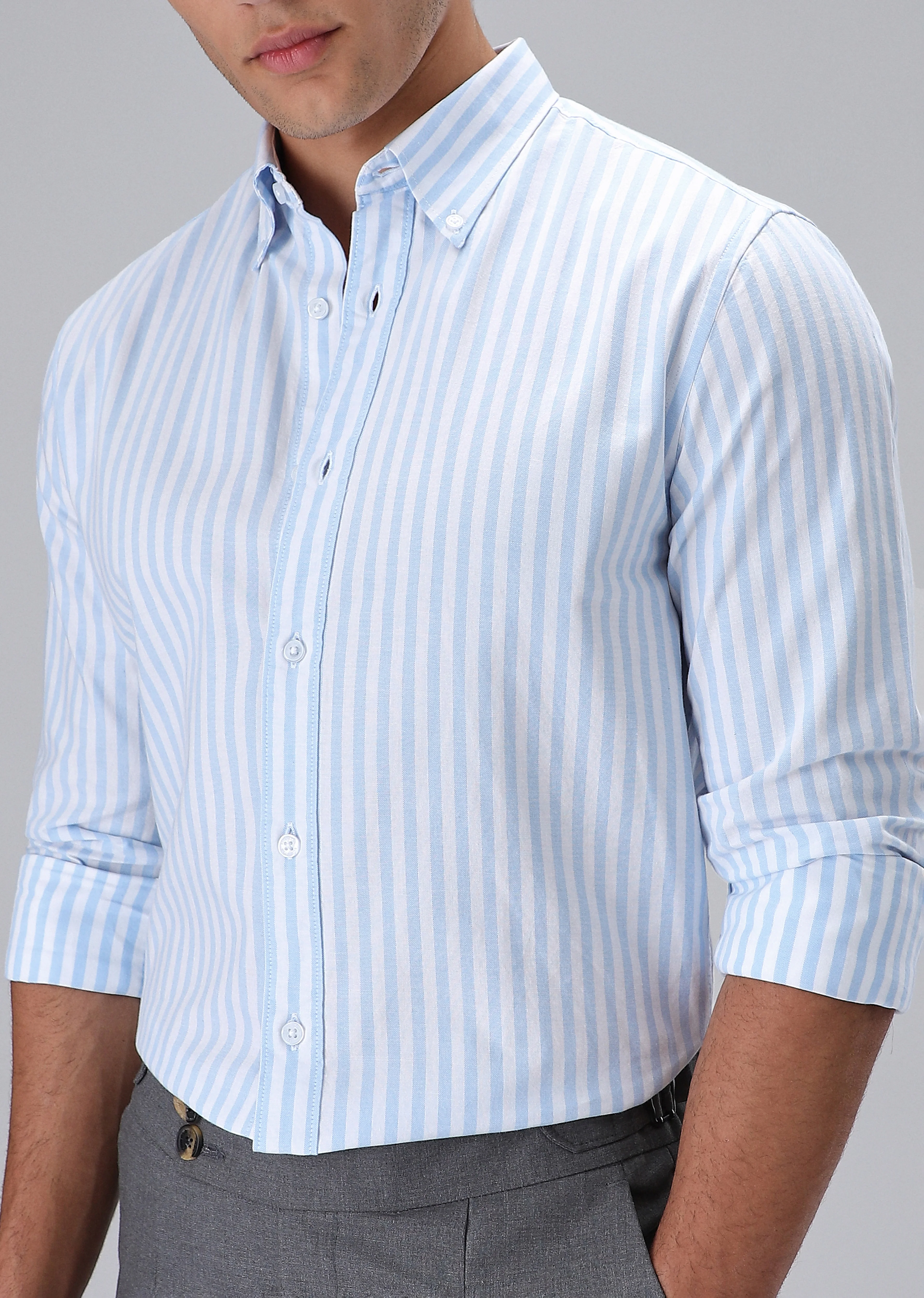 Light Blue Cotton Oxford Stripe Shirt - Image 7