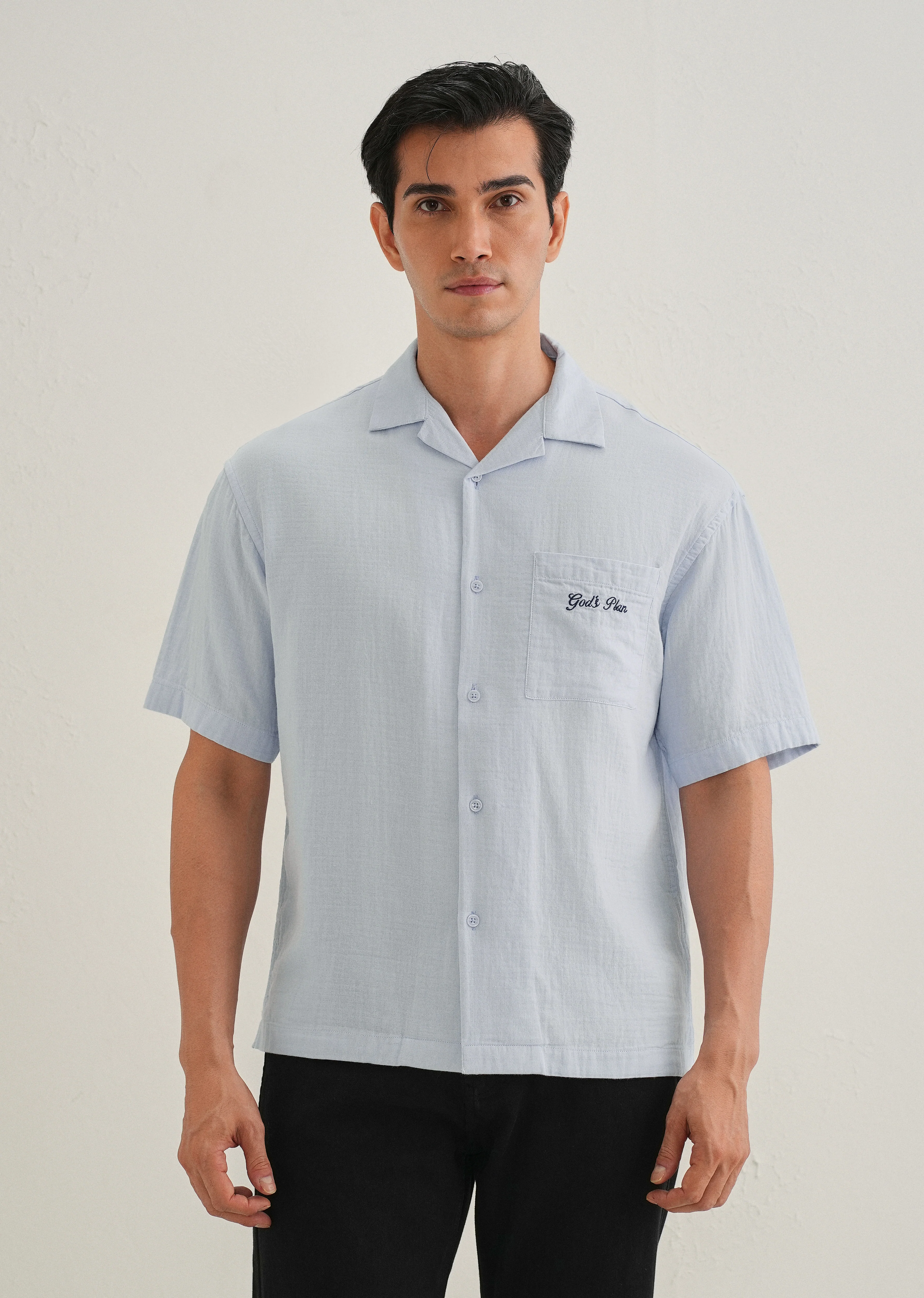 Light Blue Embroidered Double Cloth Cotton Shirt - Image 3