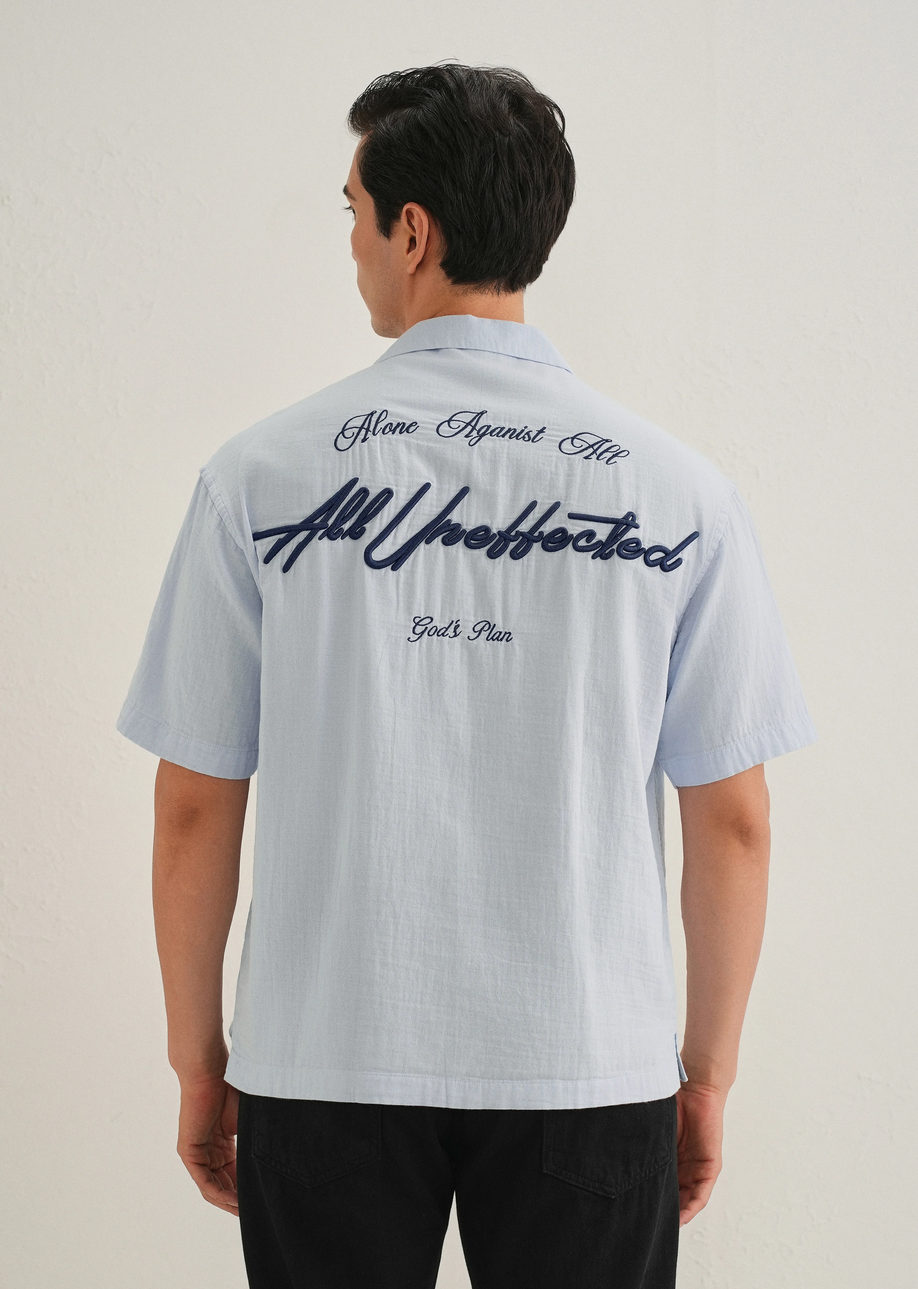 Light Blue Embroidered Double Cloth Cotton Shirt - Image 4