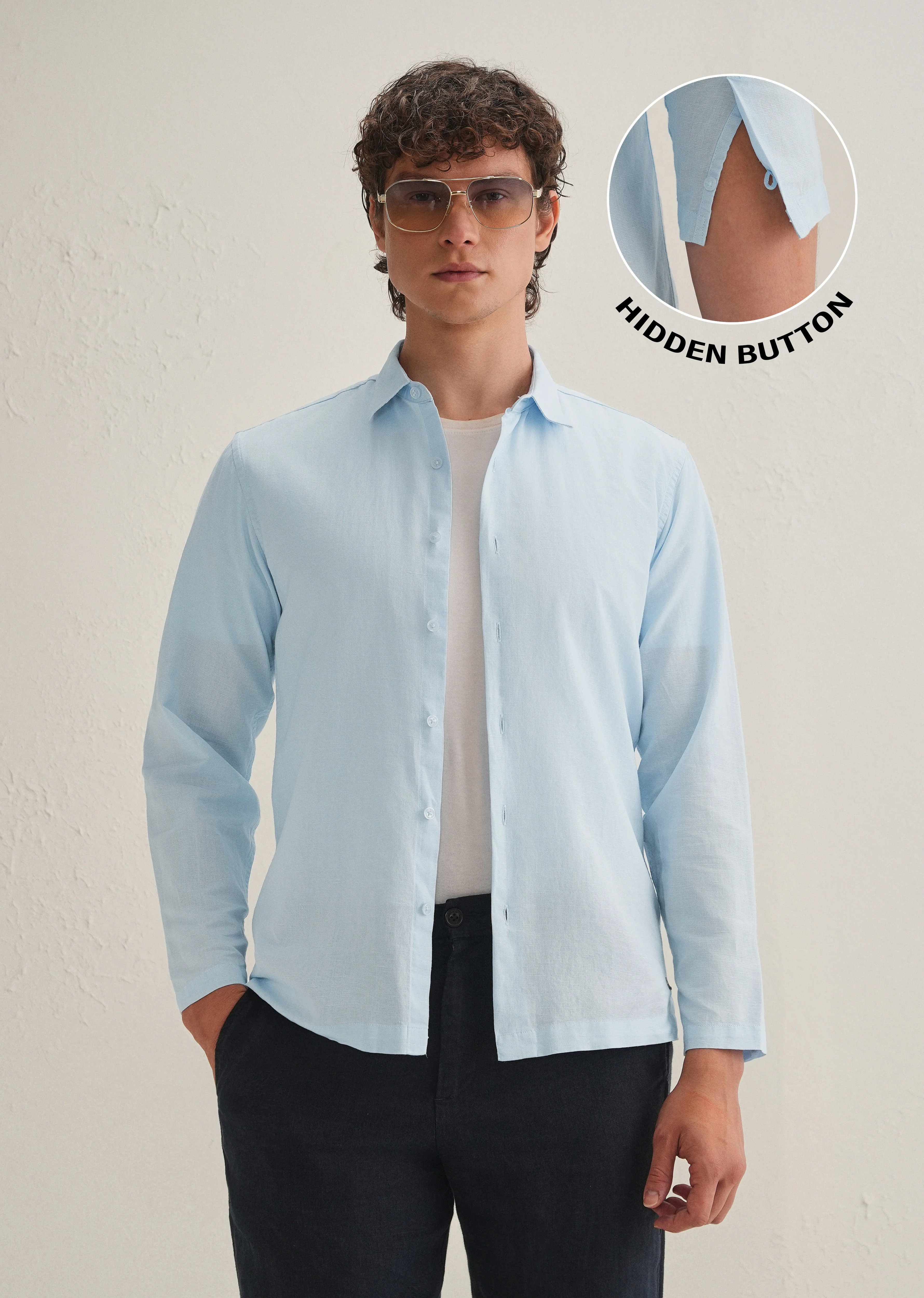 Light Blue Hidden Sleeve Placket Cotton Linen Shirt - Image 2