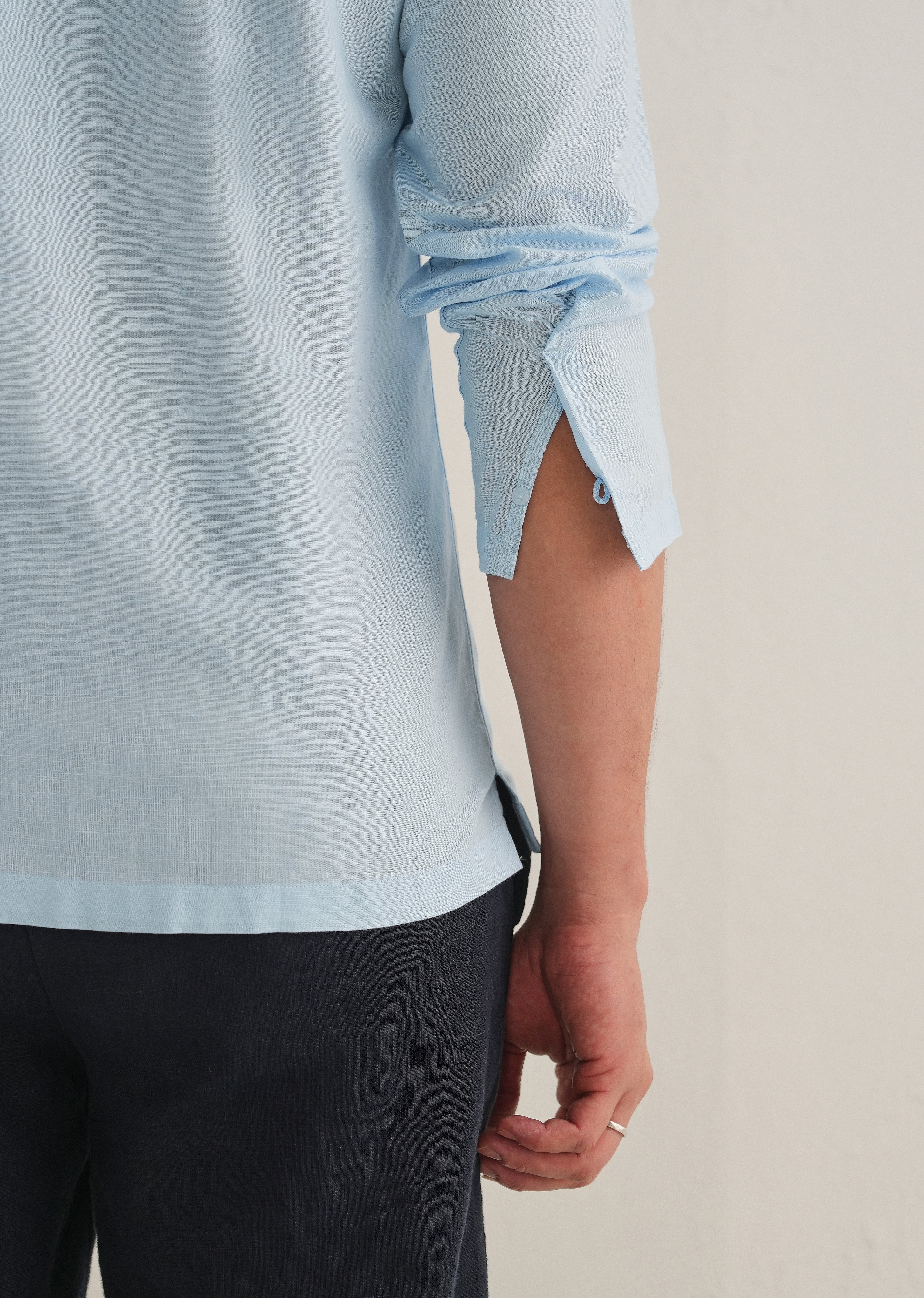 Light Blue Hidden Sleeve Placket Cotton Linen Shirt - Image 3