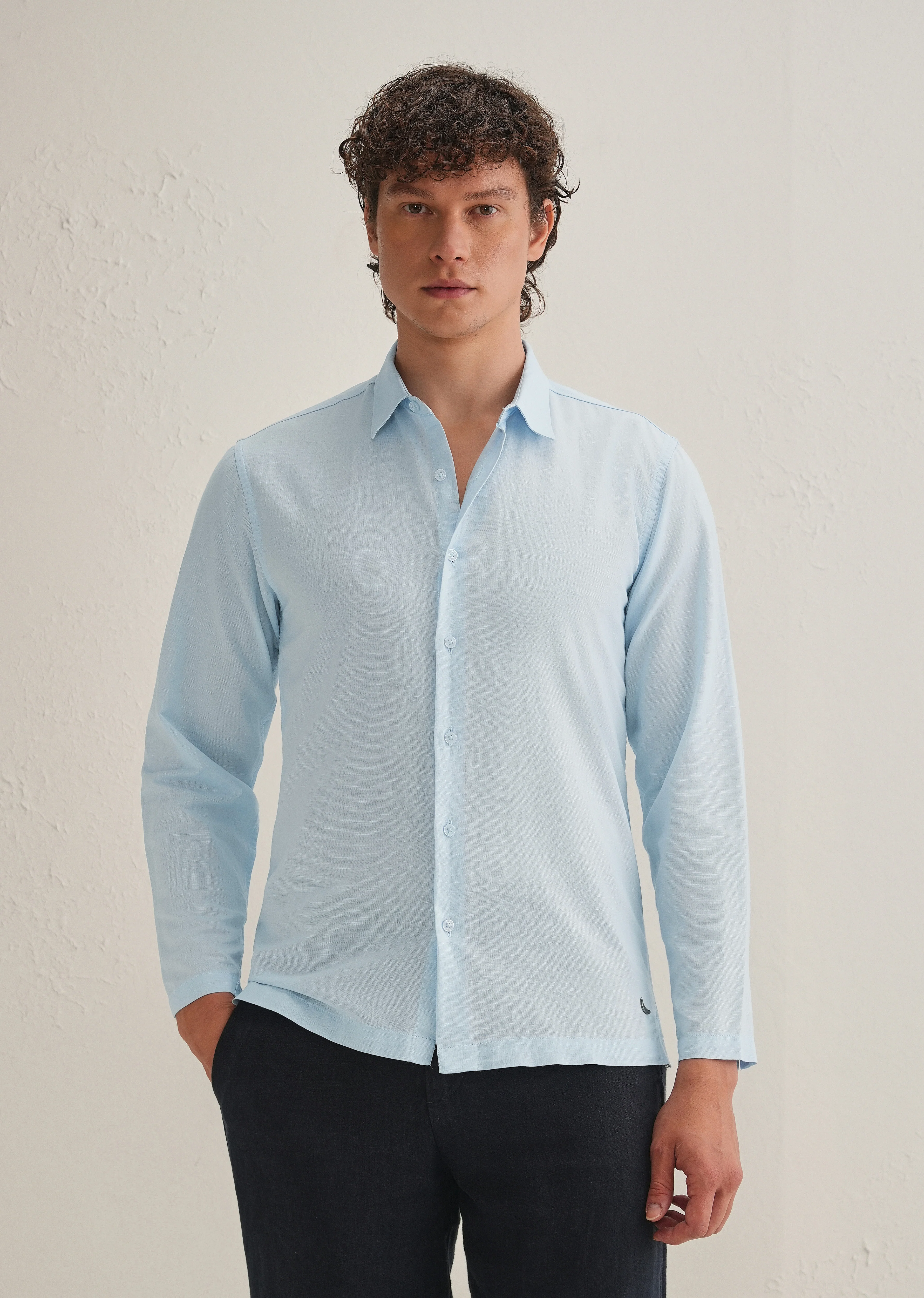 Light Blue Hidden Sleeve Placket Cotton Linen Shirt - Image 4