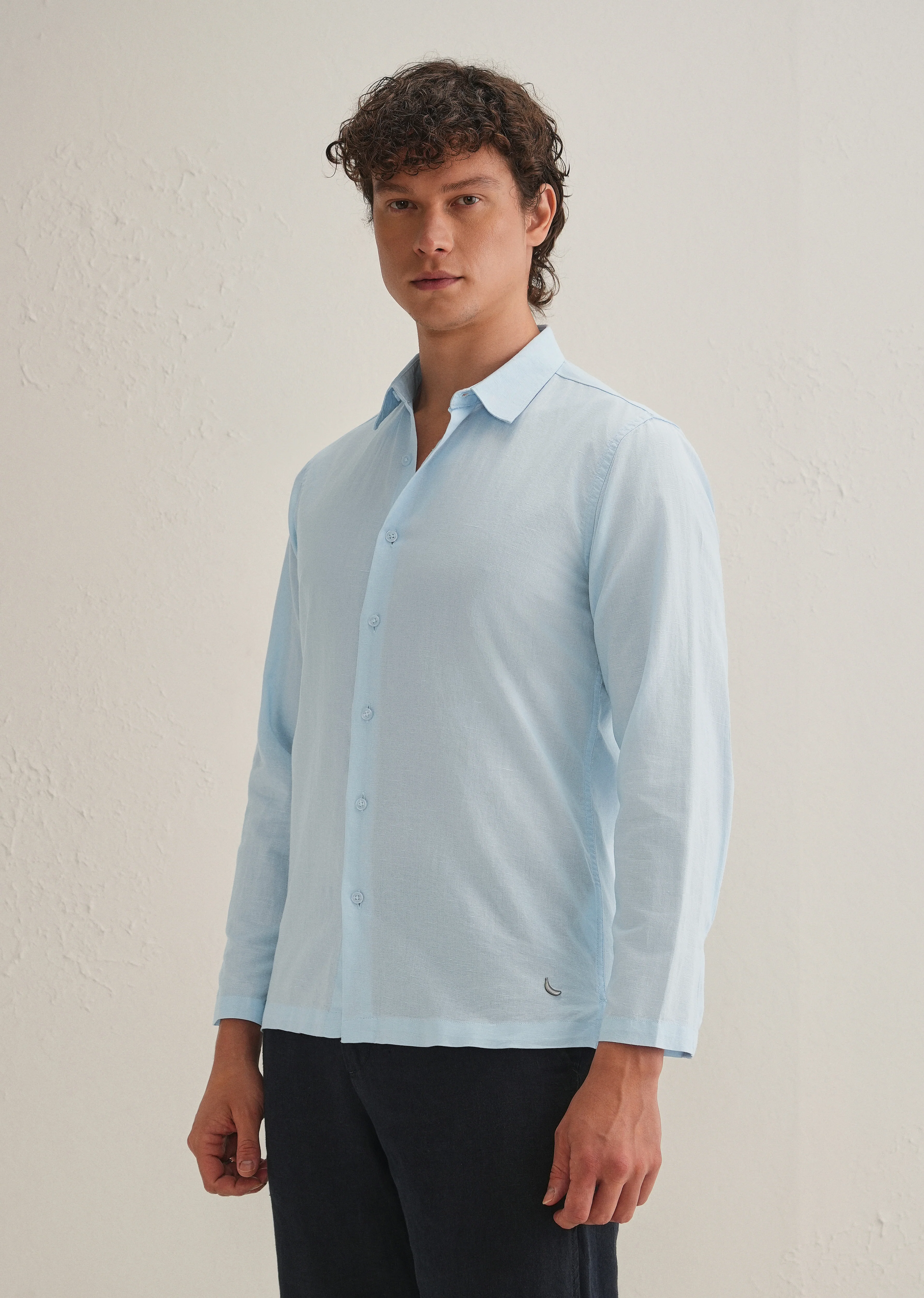 Light Blue Hidden Sleeve Placket Cotton Linen Shirt - Image 6