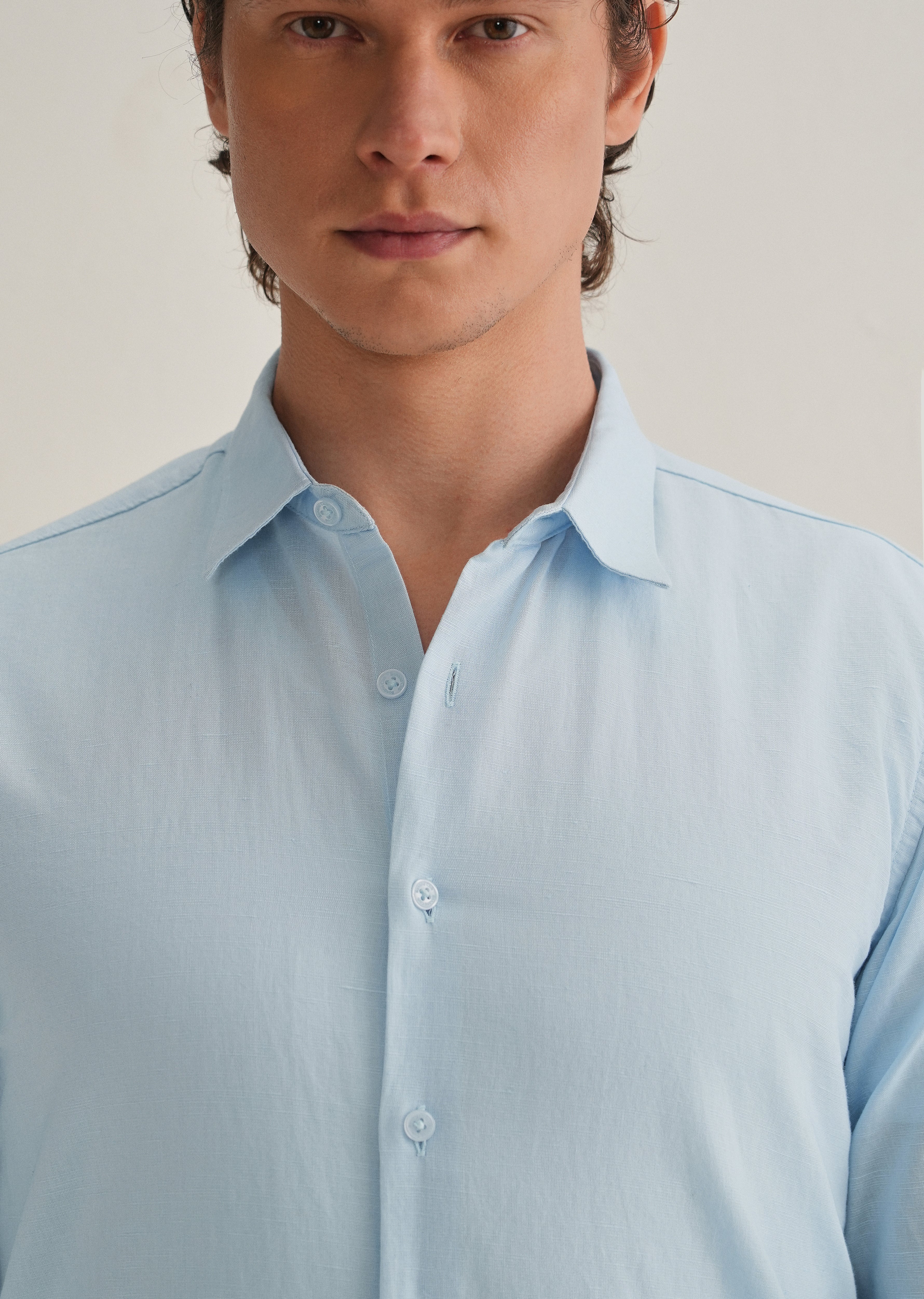 Light Blue Hidden Sleeve Placket Cotton Linen Shirt - Image 7