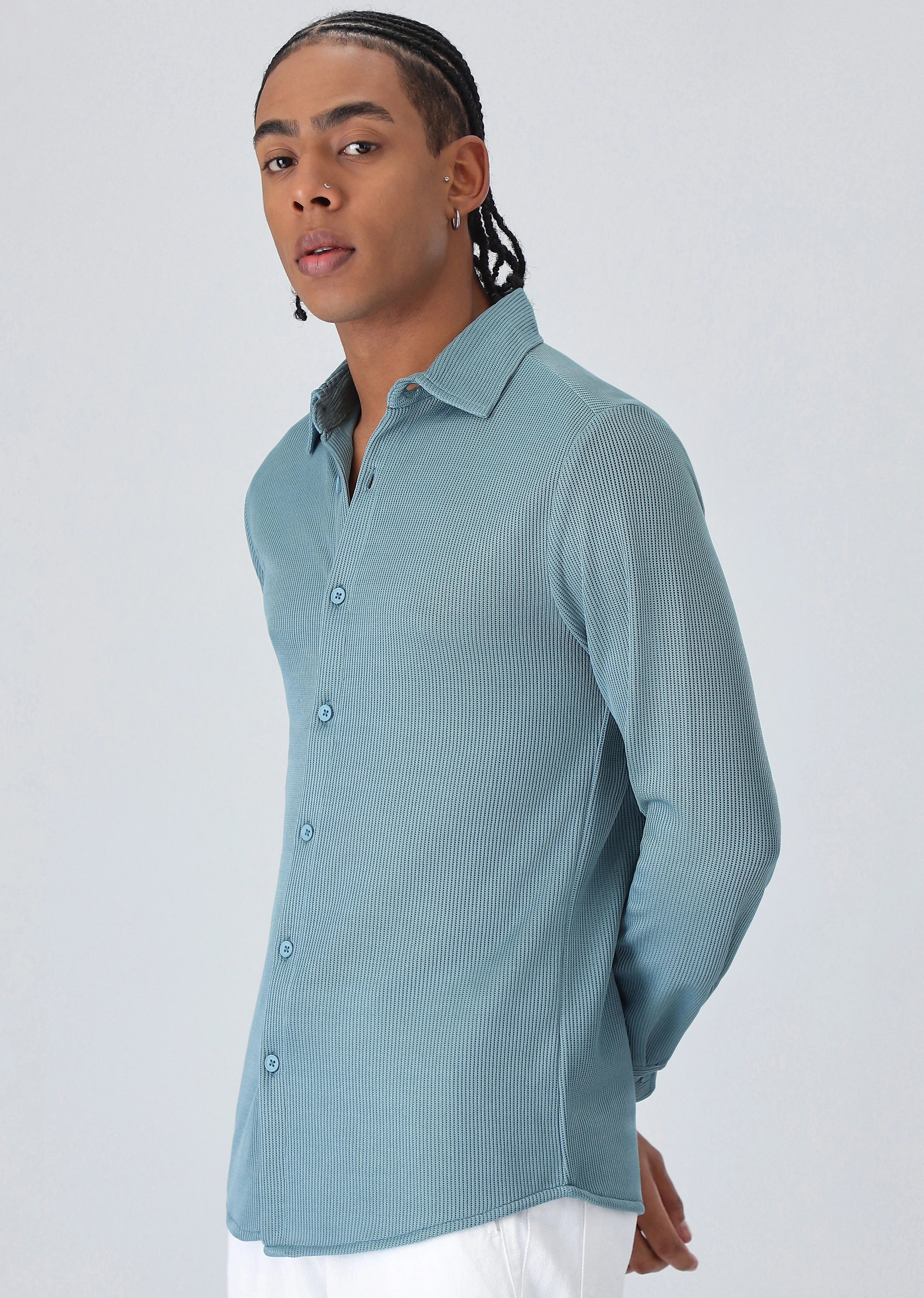 Light Blue Plain Knitted Shirt - Image 4