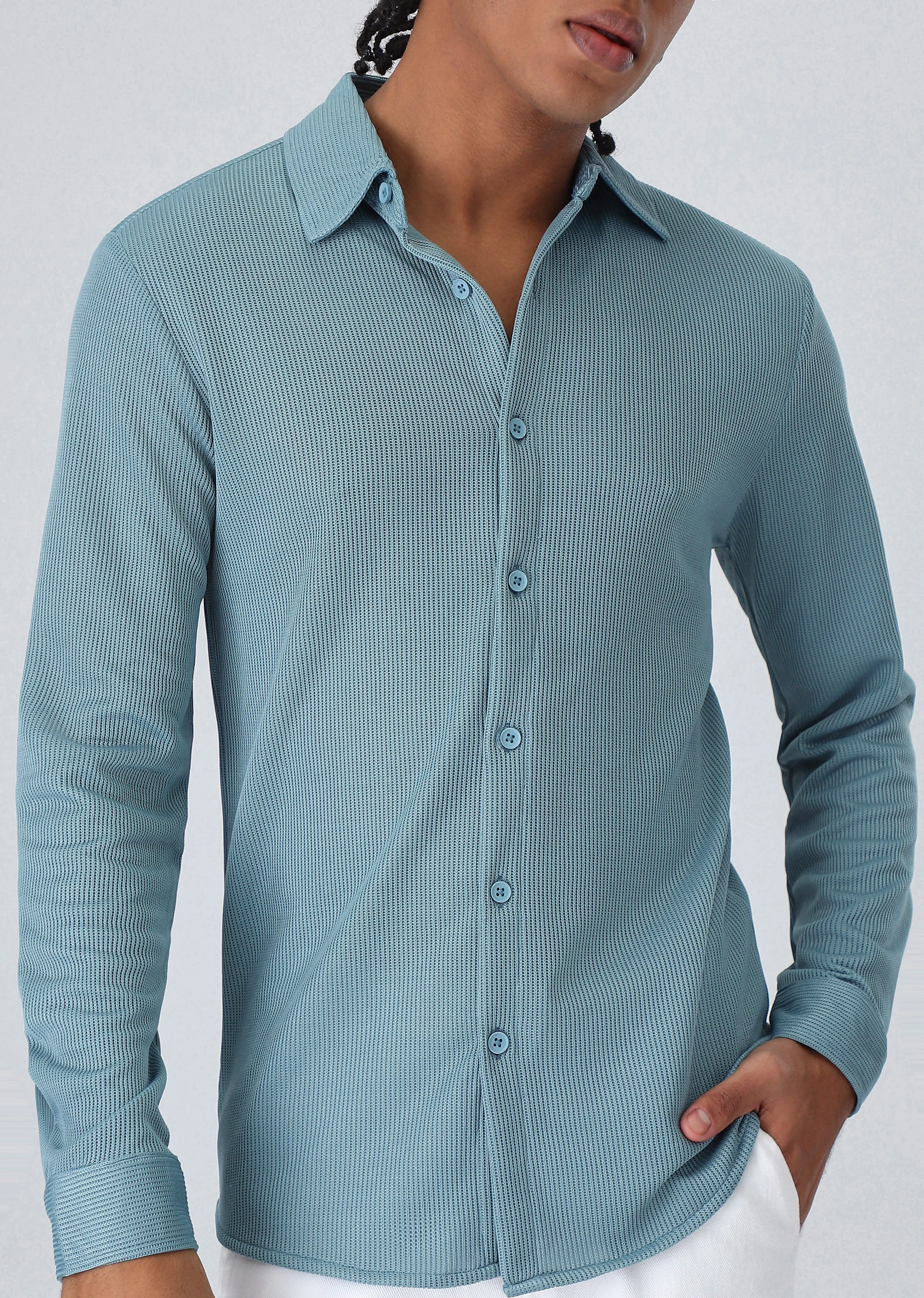 Light Blue Plain Knitted Shirt - Image 7