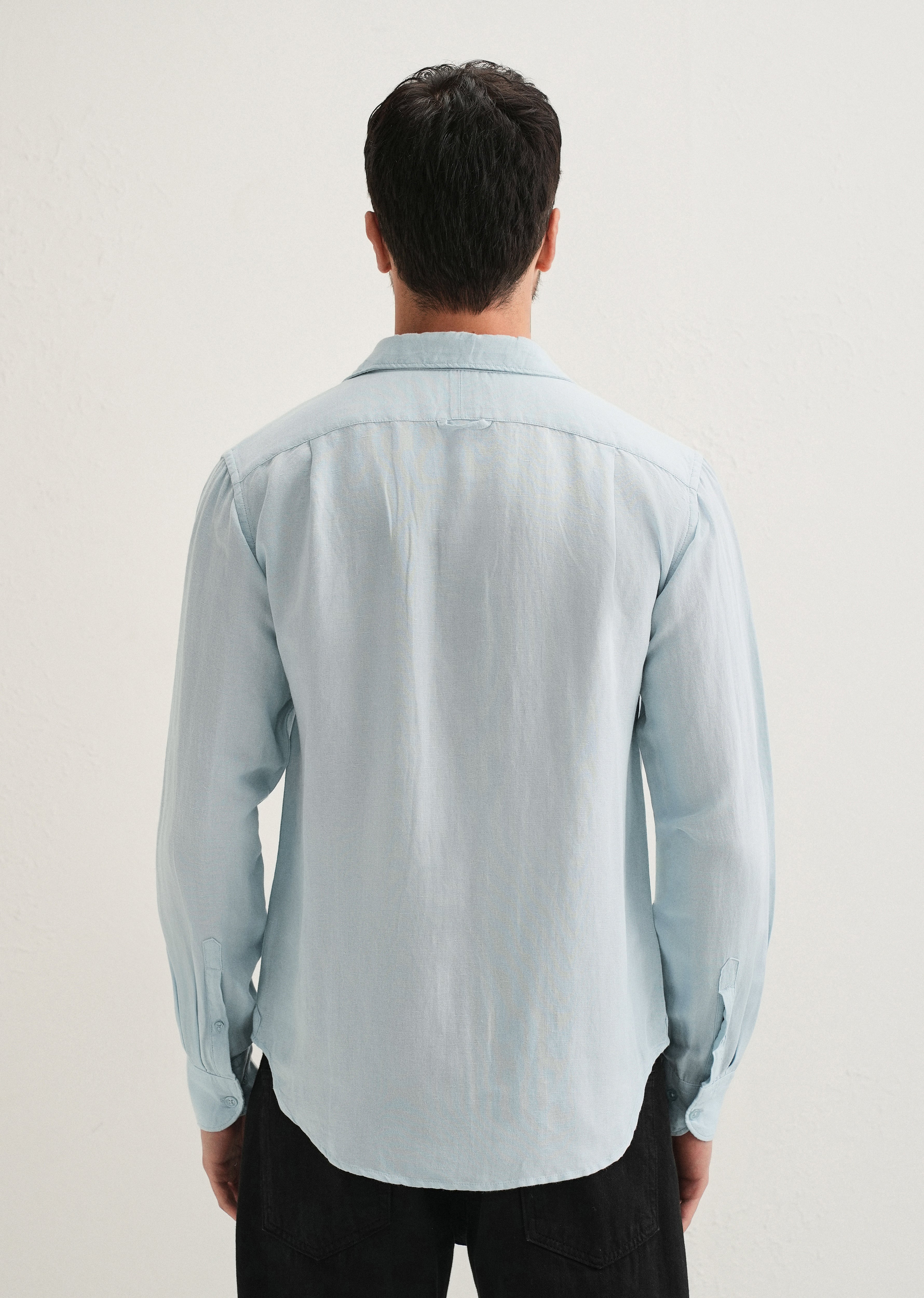 Light Blue Plain Linen Viscose Shirt - Image 3