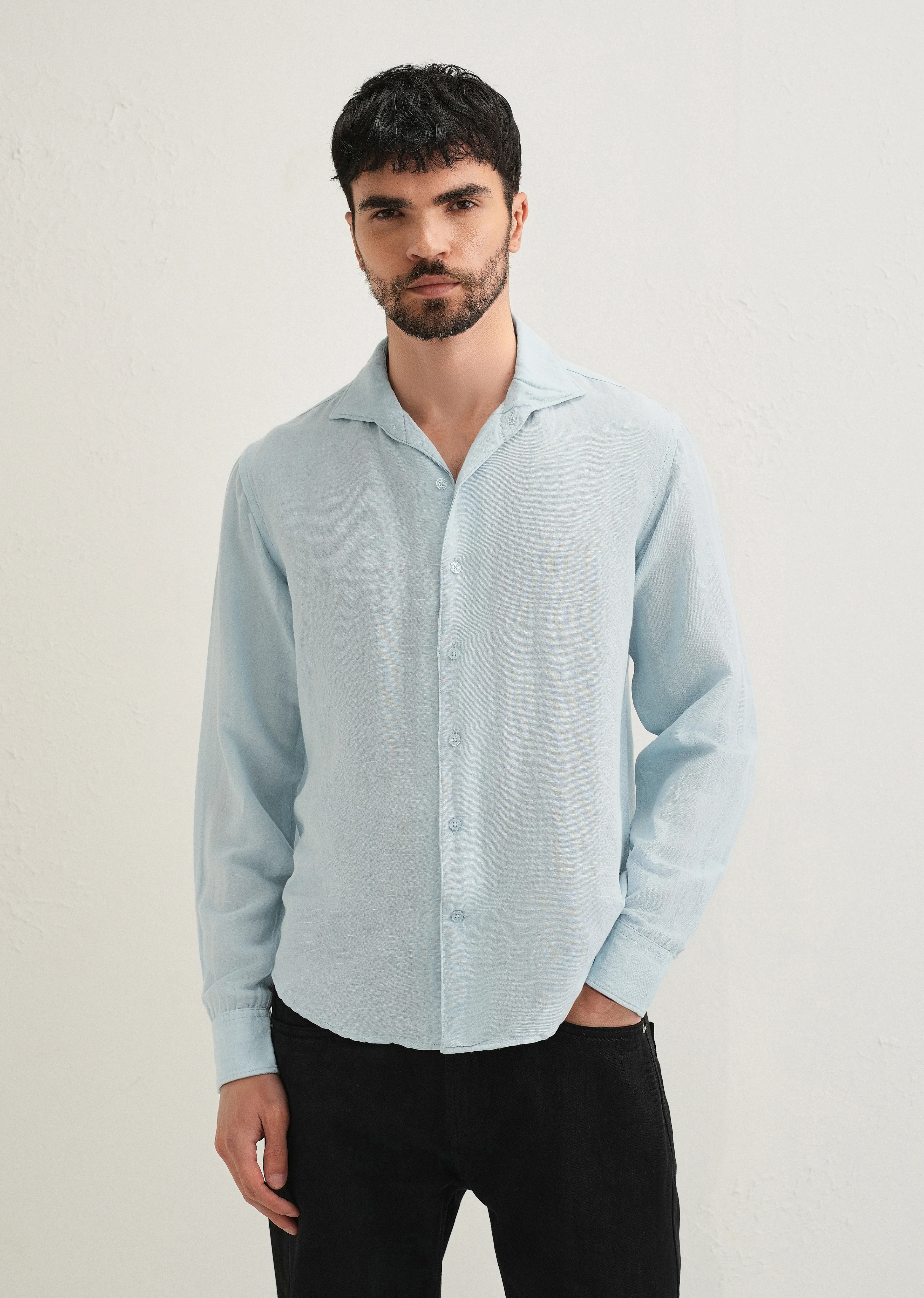 Light Blue Plain Linen Viscose Shirt - Image 4