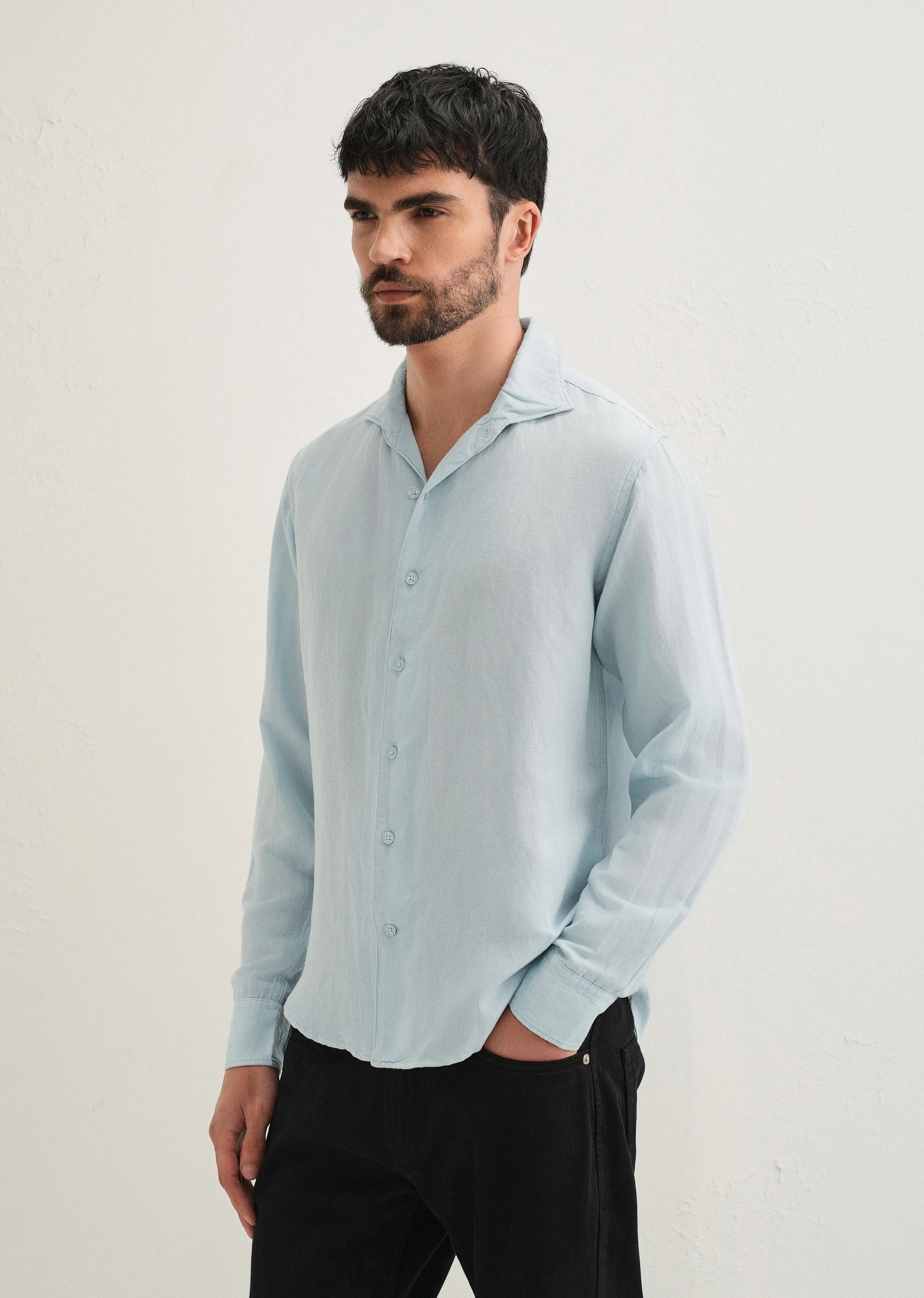 Light Blue Plain Linen Viscose Shirt - Image 5