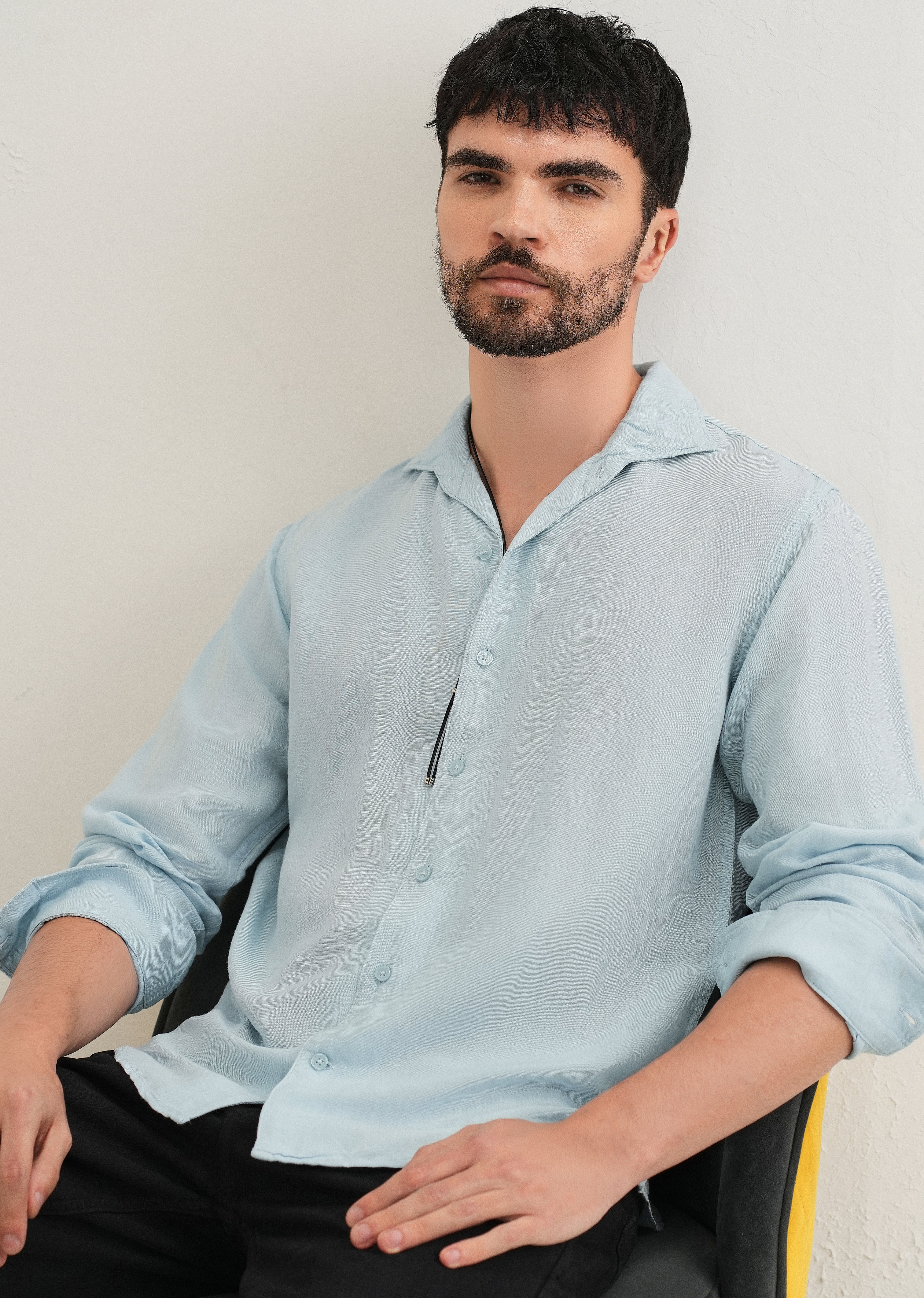 Light Blue Plain Linen Viscose Shirt - Image 7
