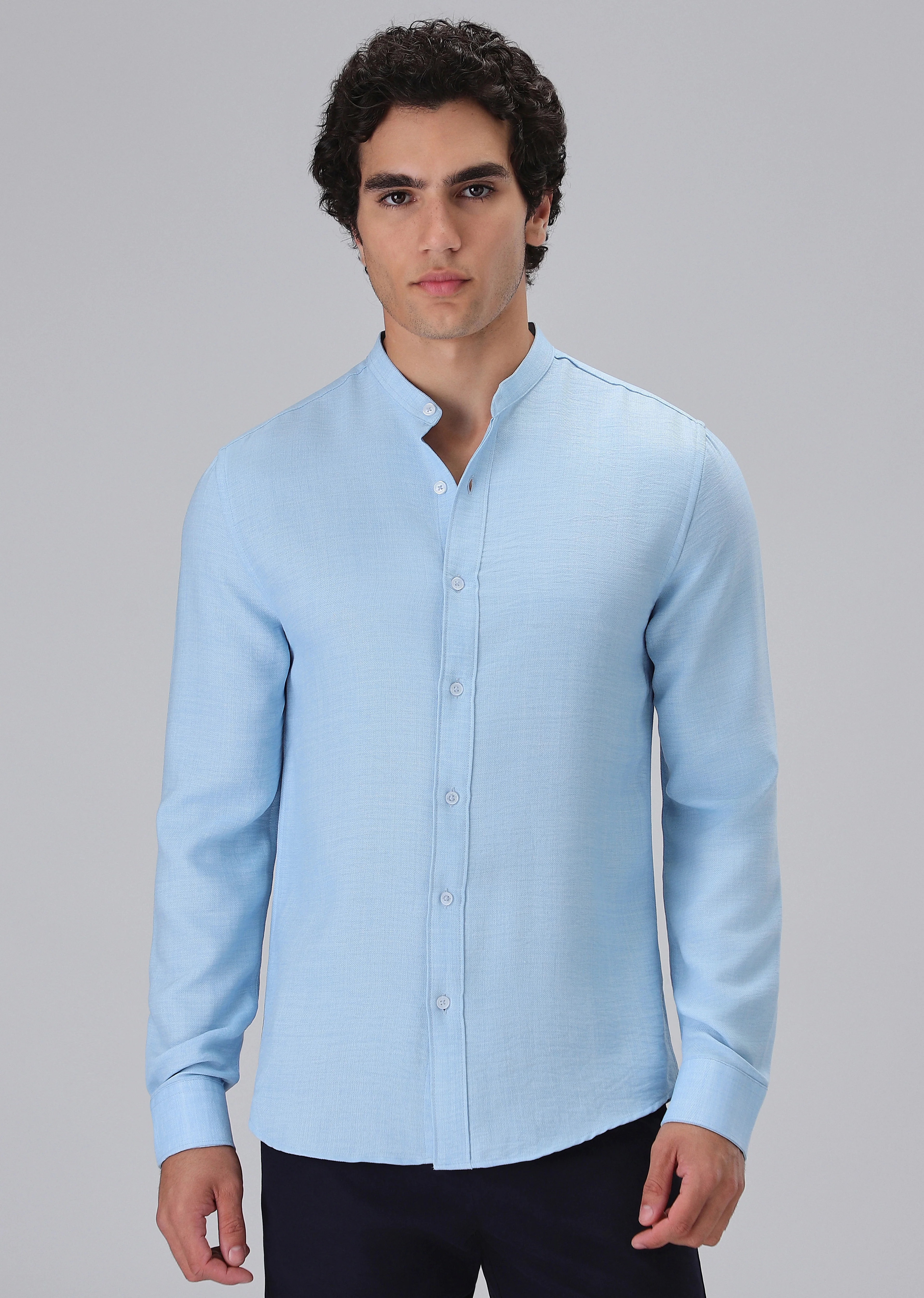 Light Blue Plain Mandarin Collar Shirt - Image 3
