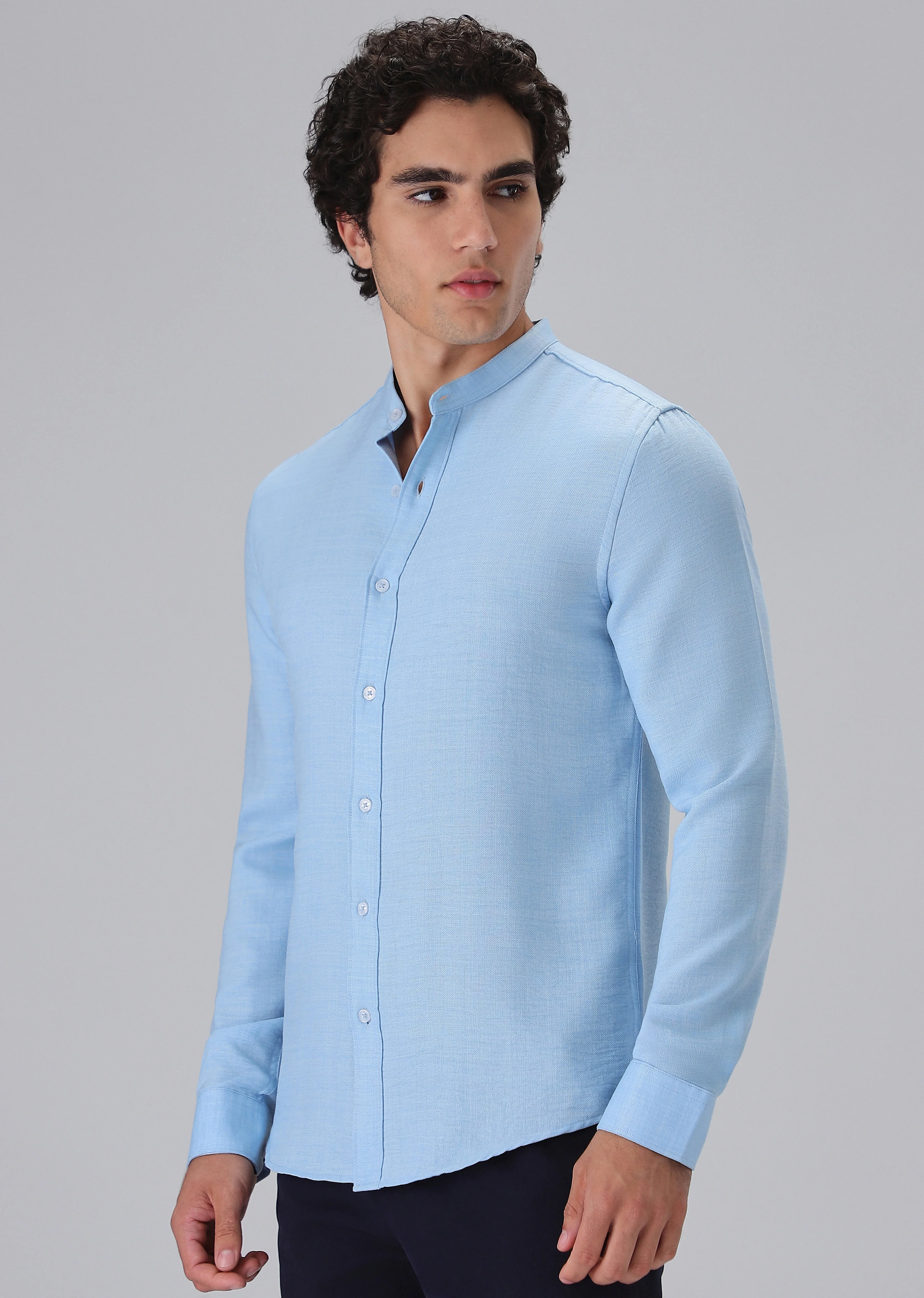 Light Blue Plain Mandarin Collar Shirt - Image 4