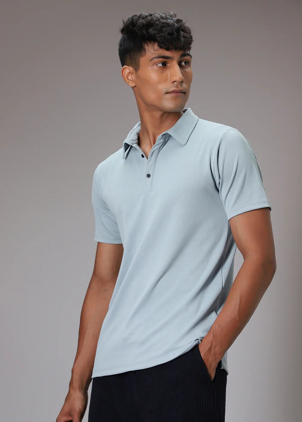 Light Blue Plain Ribbed Polo T-shirt - Image 6