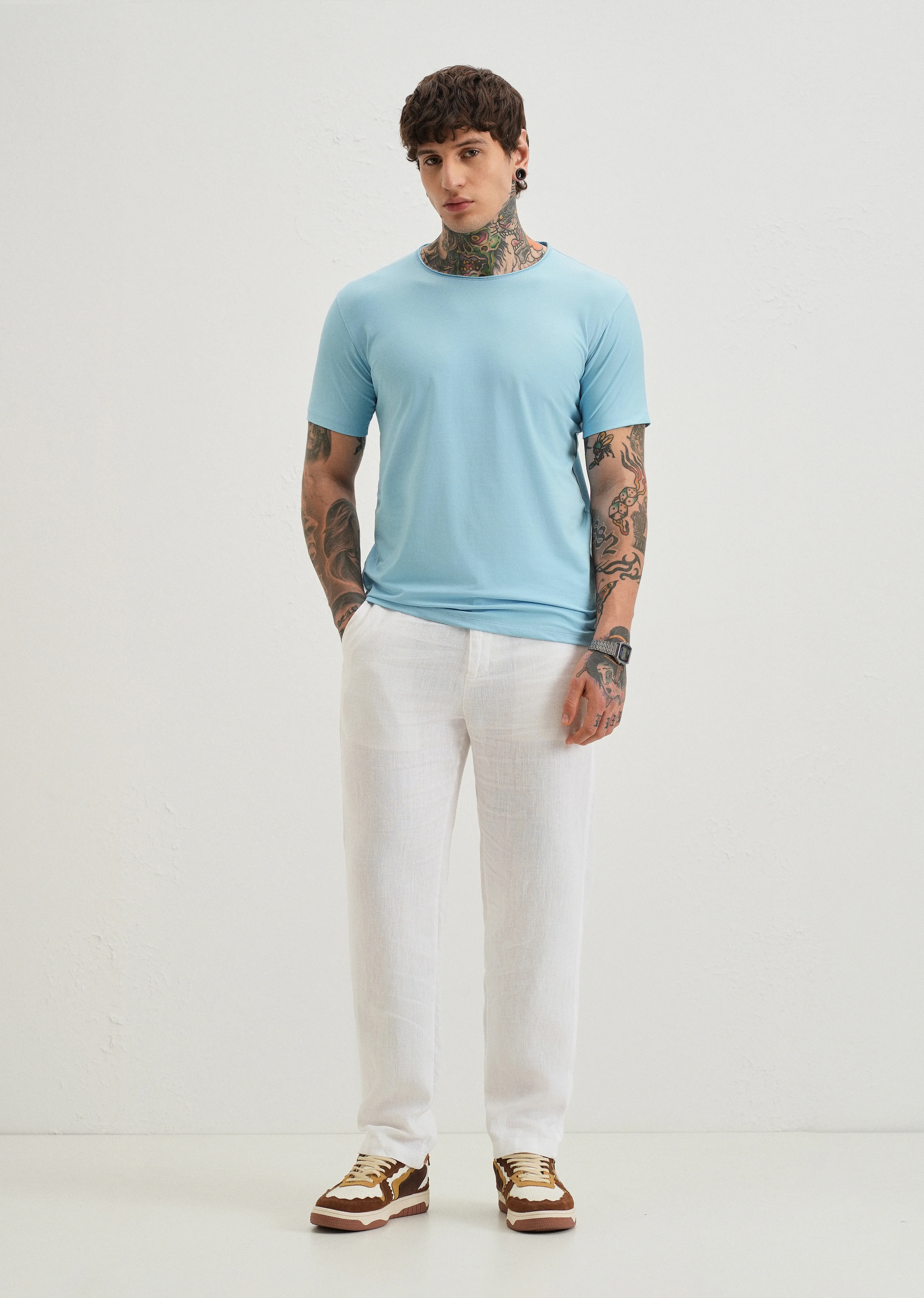 Light Blue Plain Round Neck T-shirt - Image 6