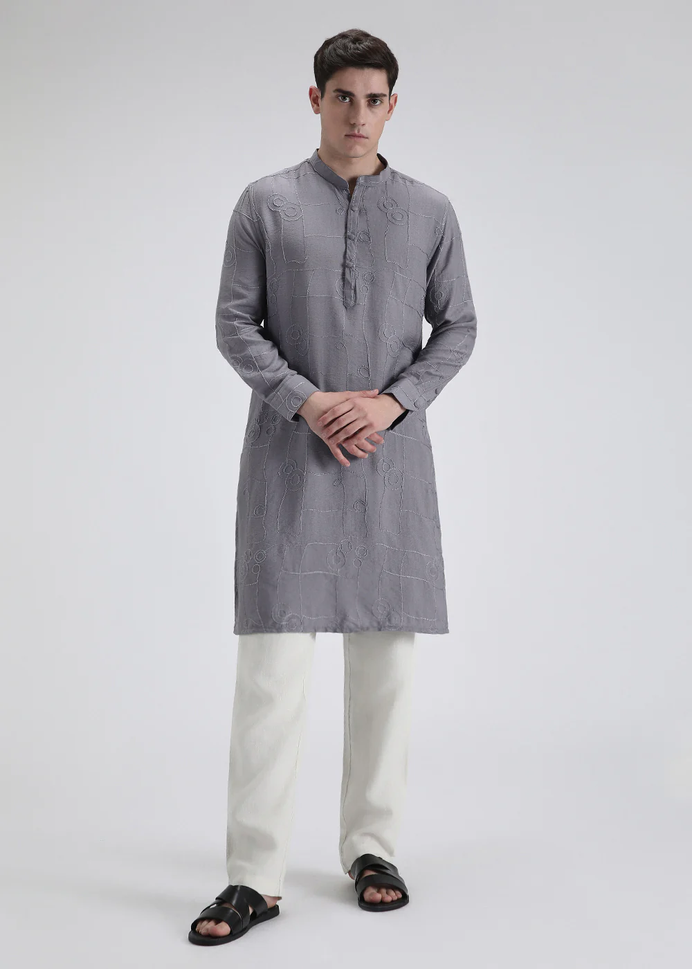 Light Blue Self Thread Embroidered Kurta - Image 3