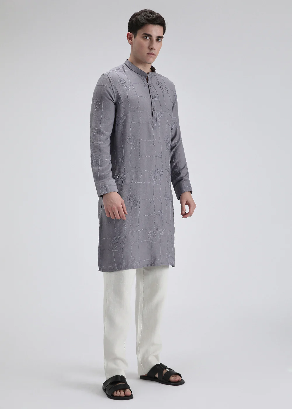 Light Blue Self Thread Embroidered Kurta - Image 5