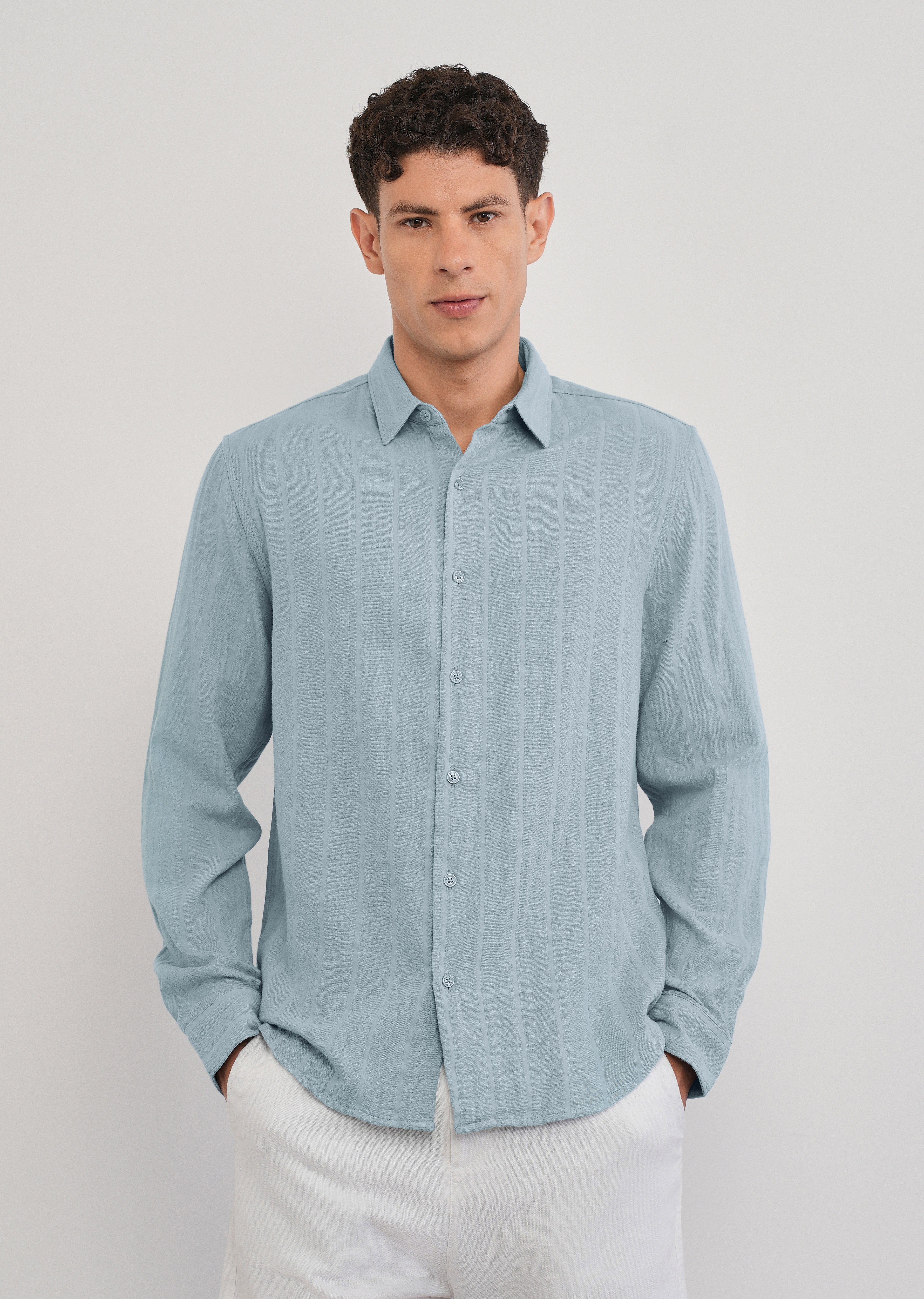 Light Blue Self Striped Cotton Shirt - Image 3