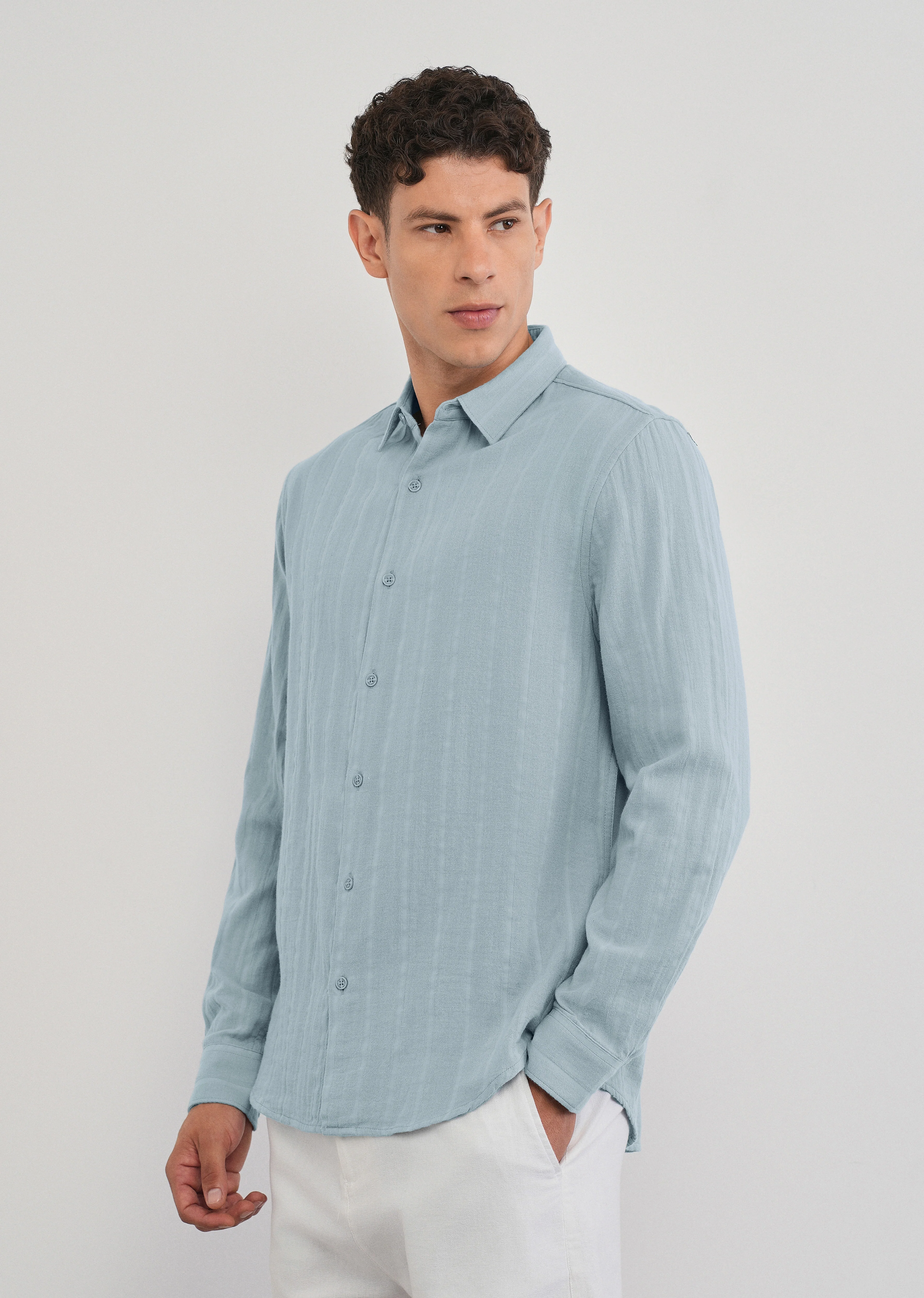 Light Blue Self Striped Cotton Shirt - Image 4