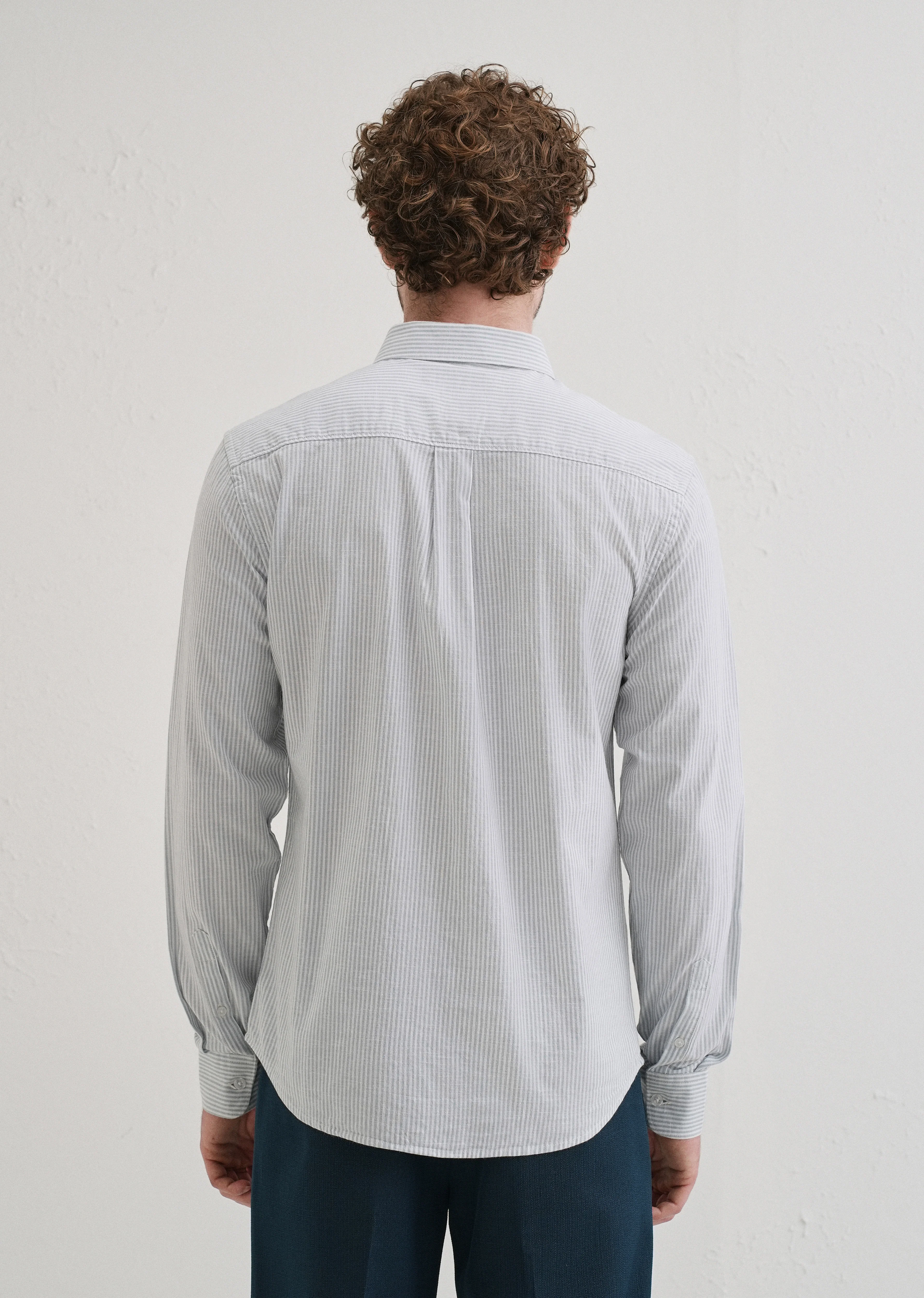 Light Blue Striped Cotton Linen Shirt - Image 3