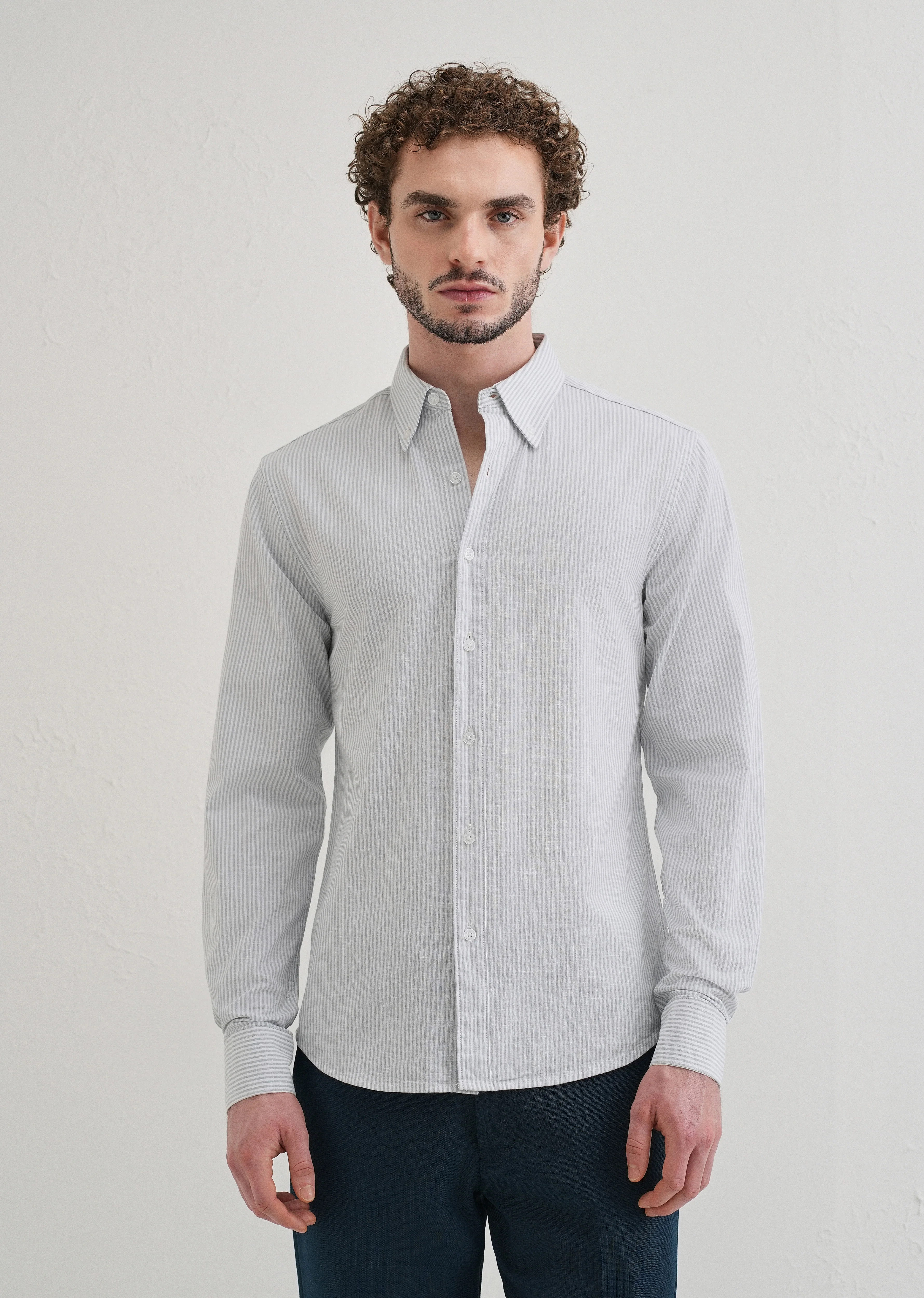 Light Blue Striped Cotton Linen Shirt - Image 4