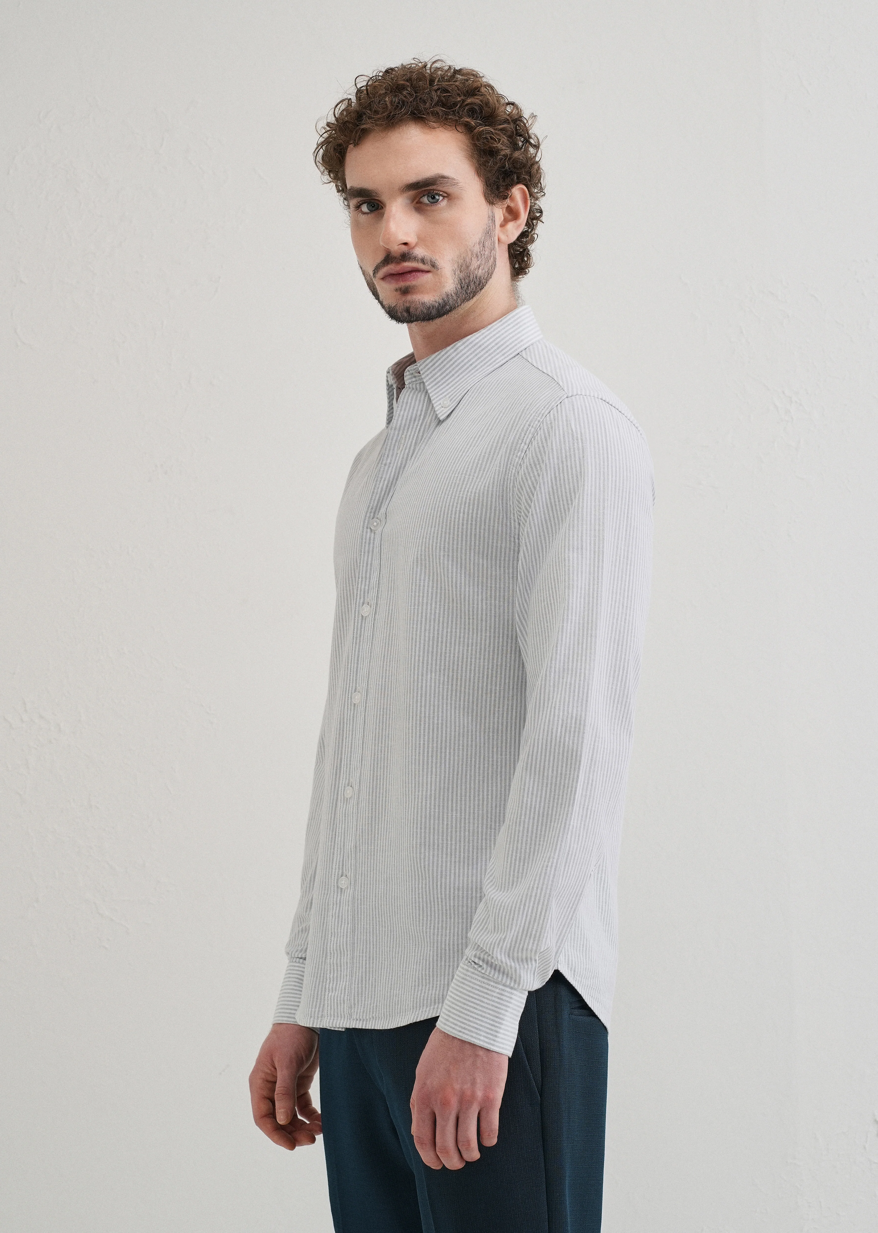 Light Blue Striped Cotton Linen Shirt - Image 5