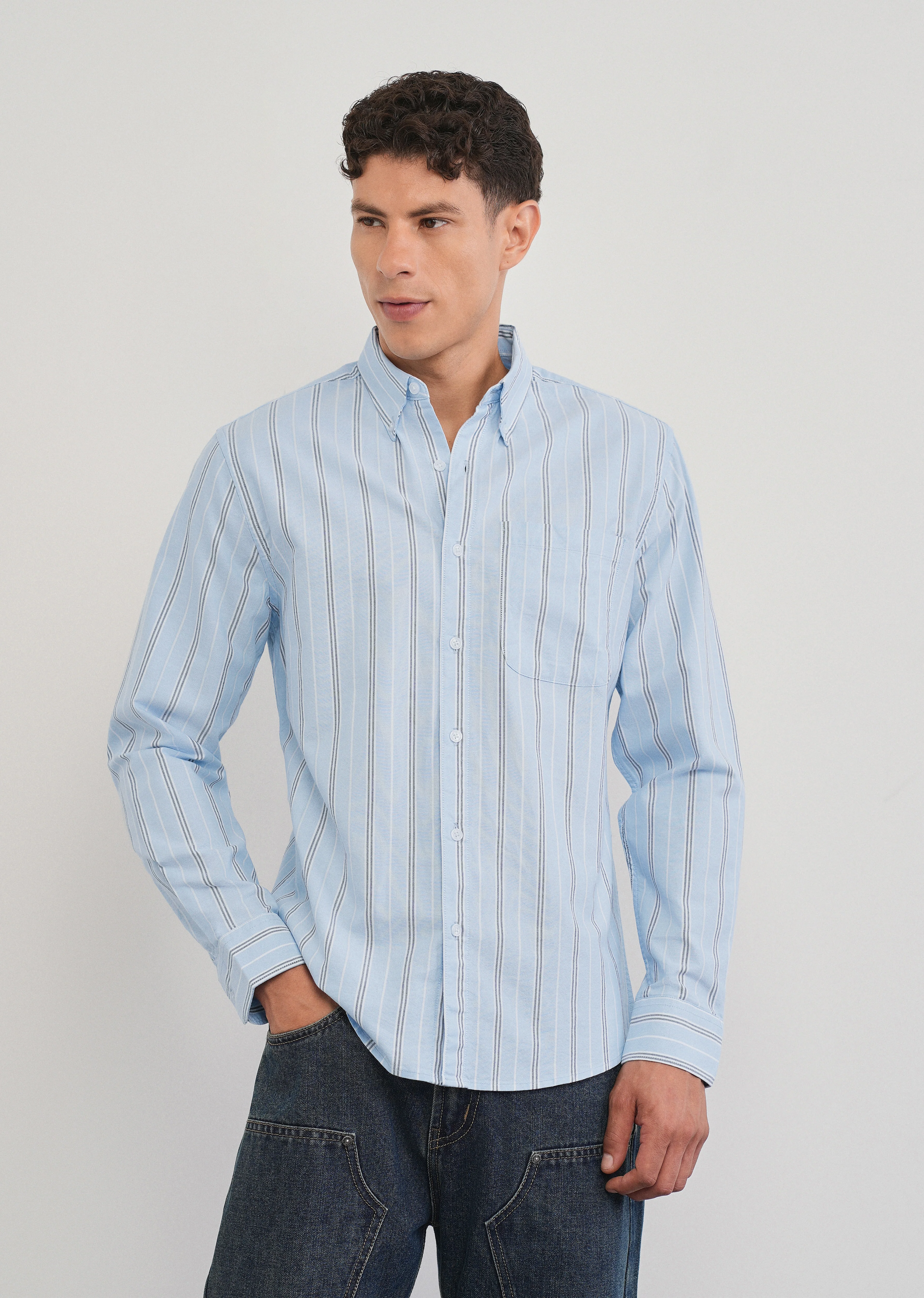 Light Blue Vertical Striped Cotton Shirt - Image 3