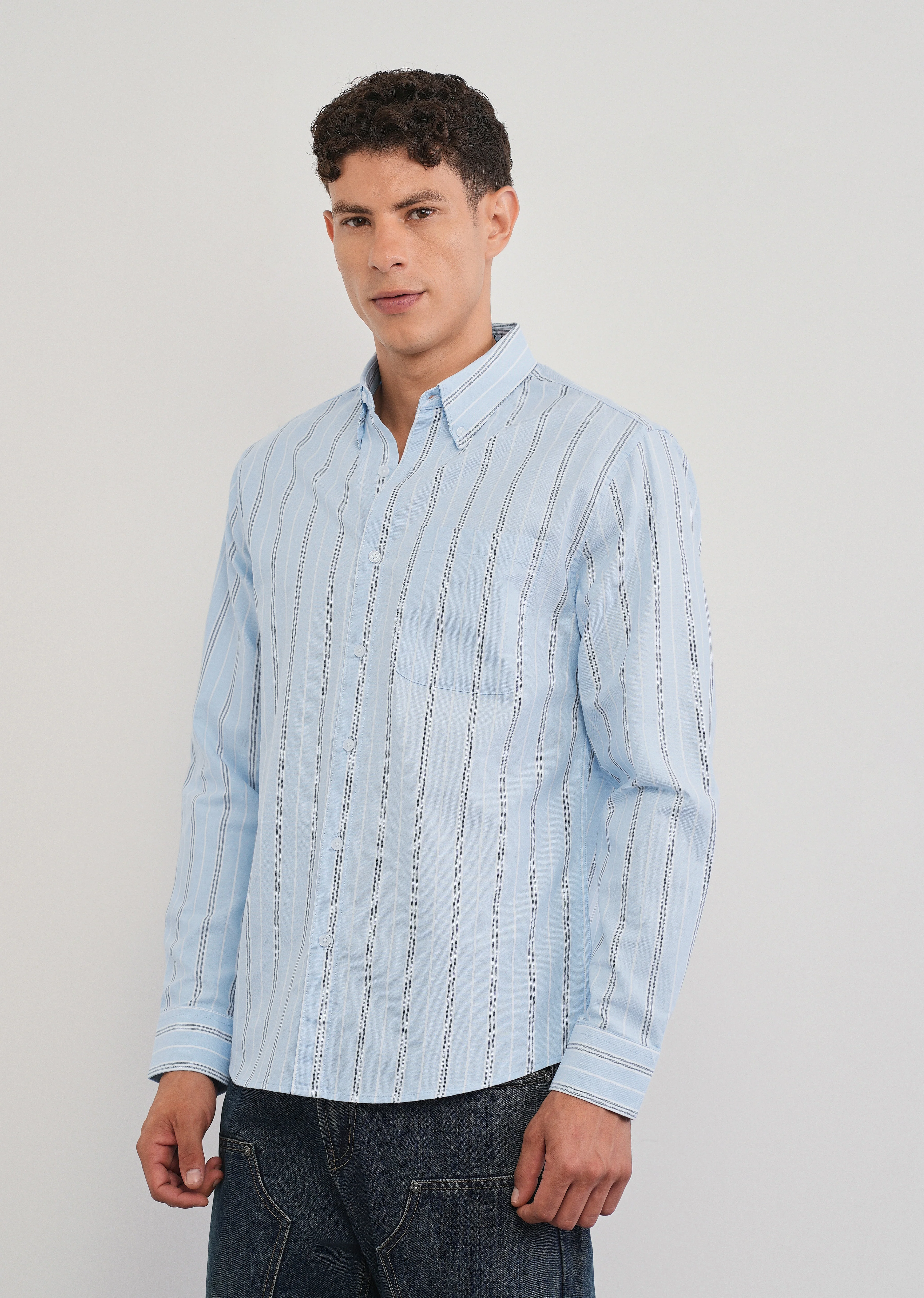 Light Blue Vertical Striped Cotton Shirt - Image 4