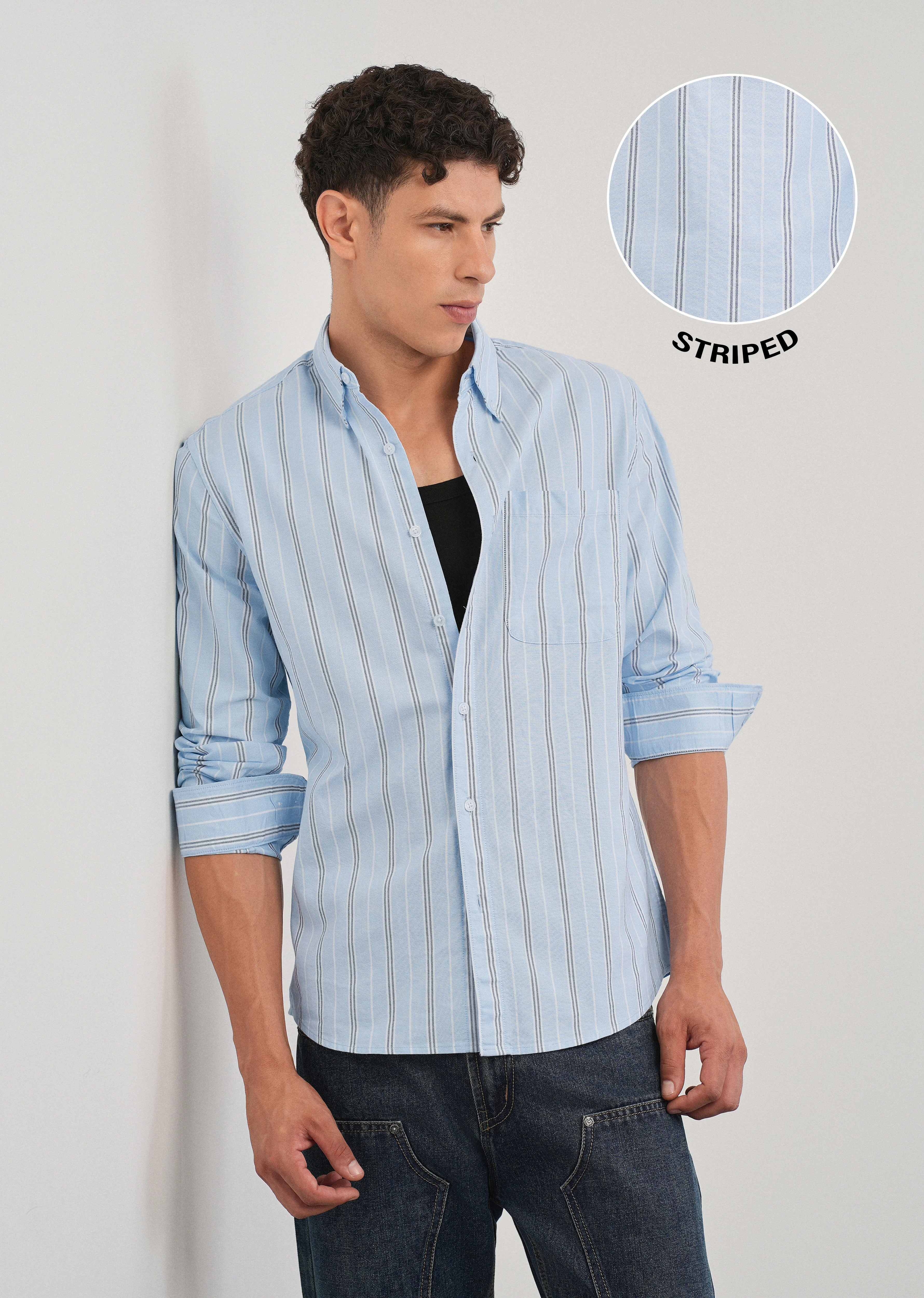 Light Blue Vertical Striped Cotton Shirt - Image 7