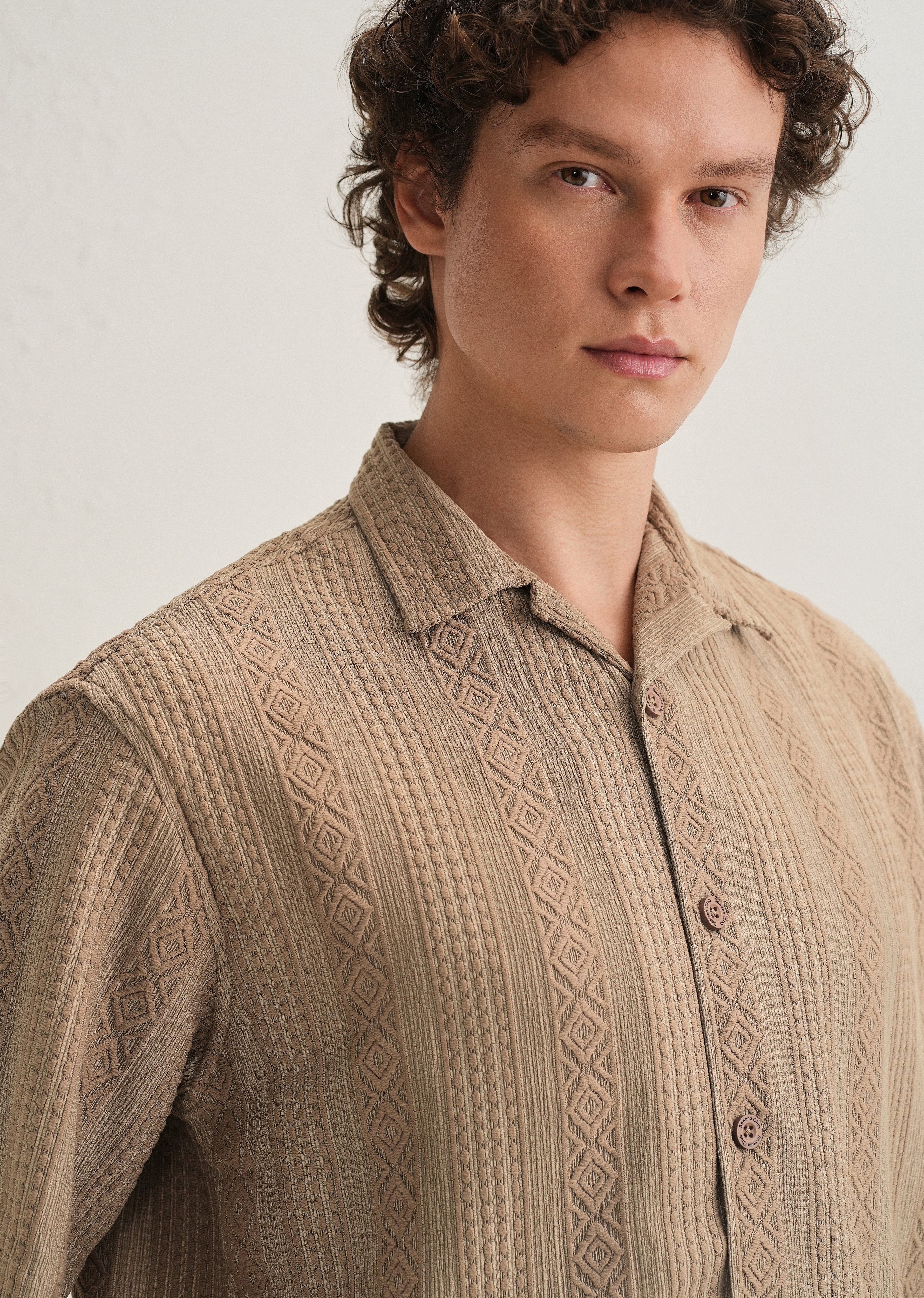 Light Brown Geometric Textured Shirt - Image 2