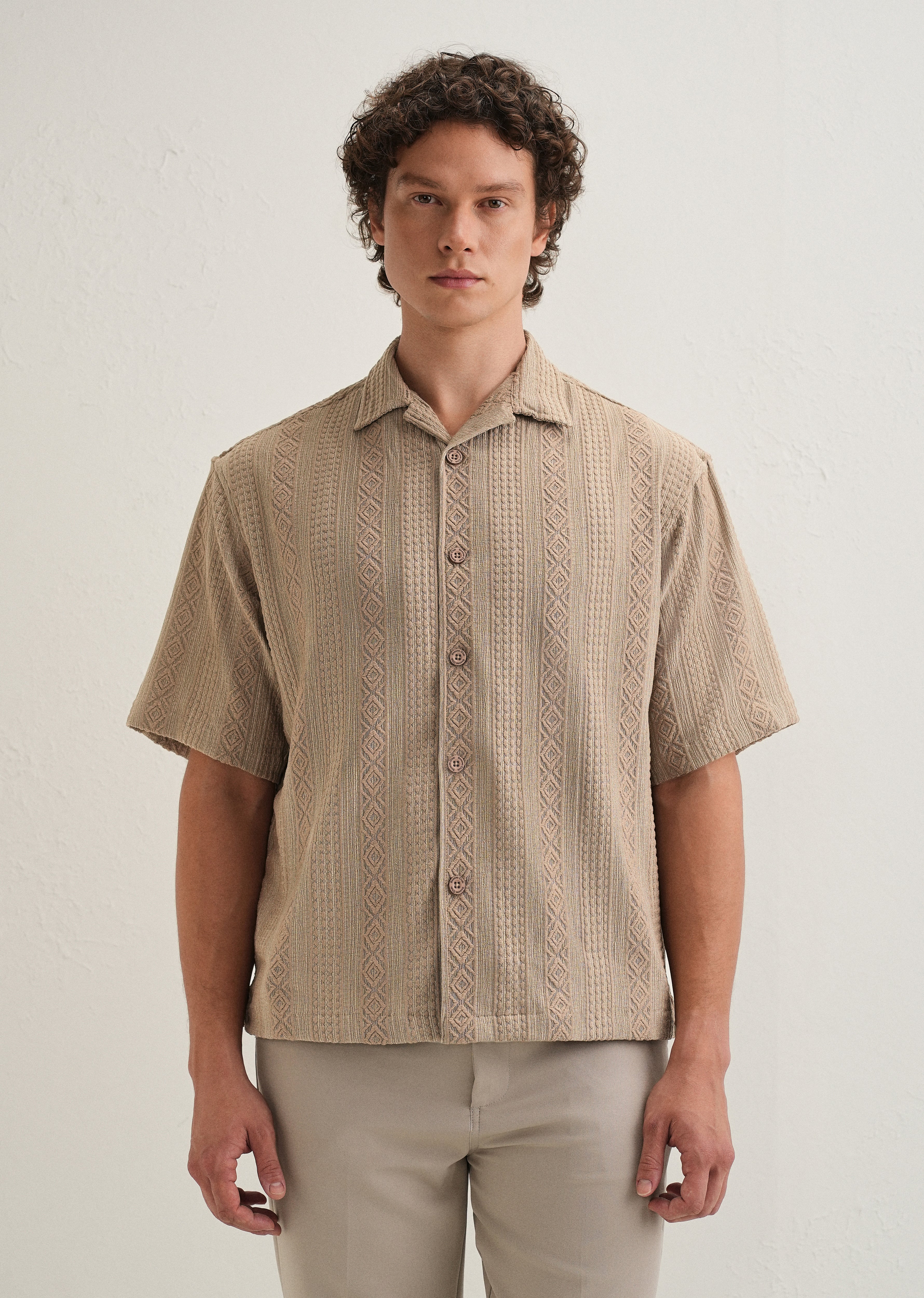 Light Brown Geometric Textured Shirt - Image 3
