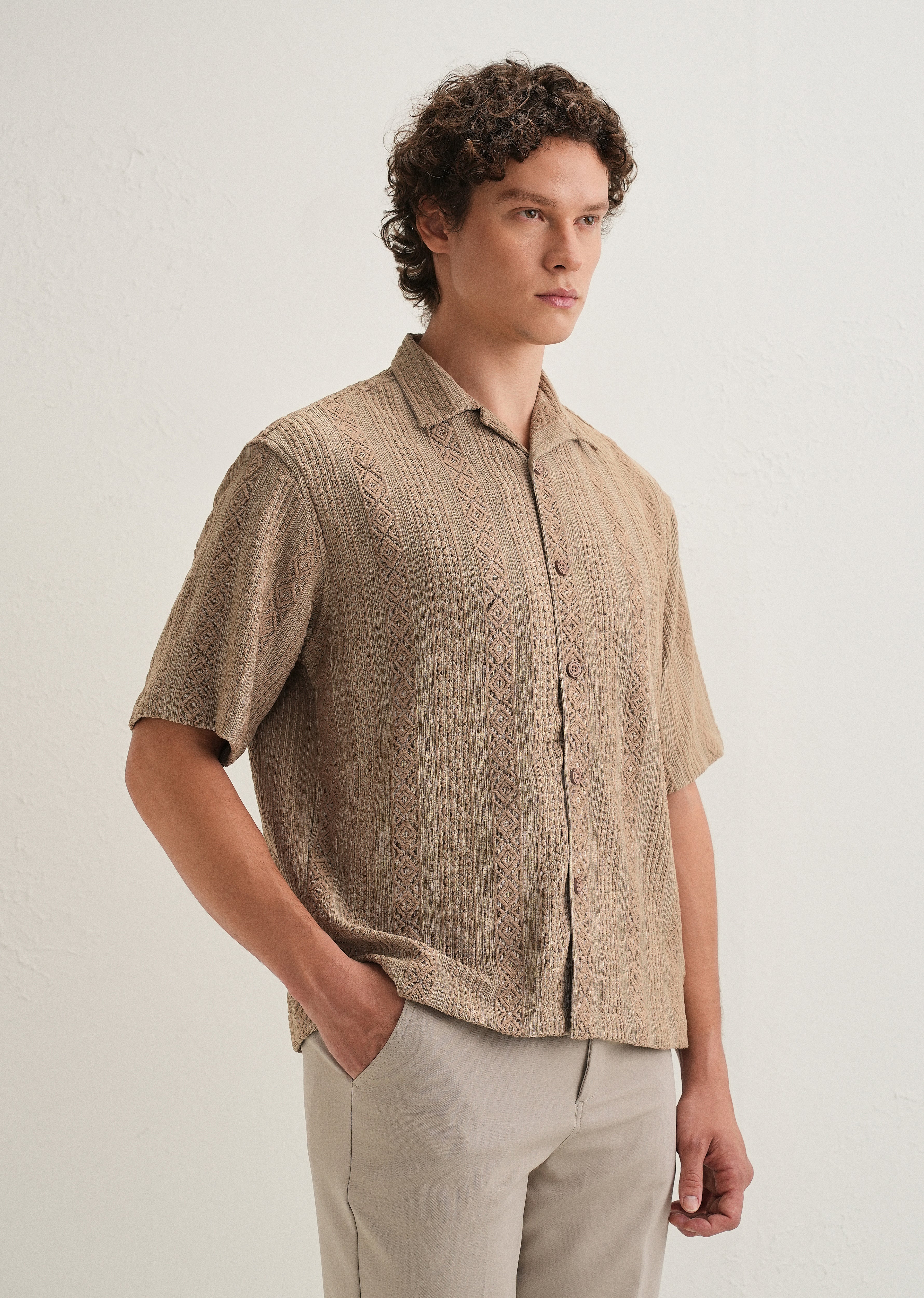 Light Brown Geometric Textured Shirt - Image 5