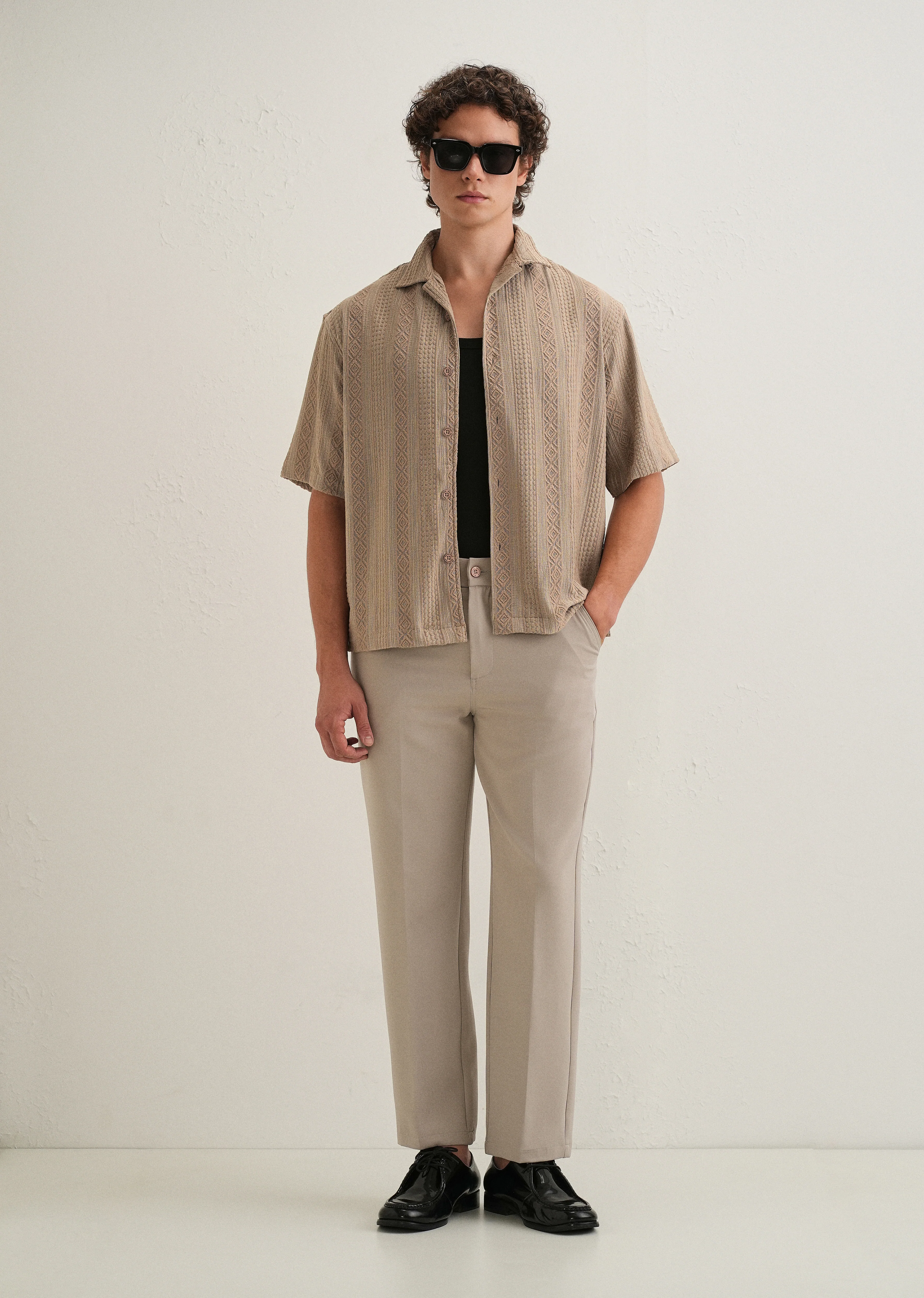 Light Brown Geometric Textured Shirt - Image 6