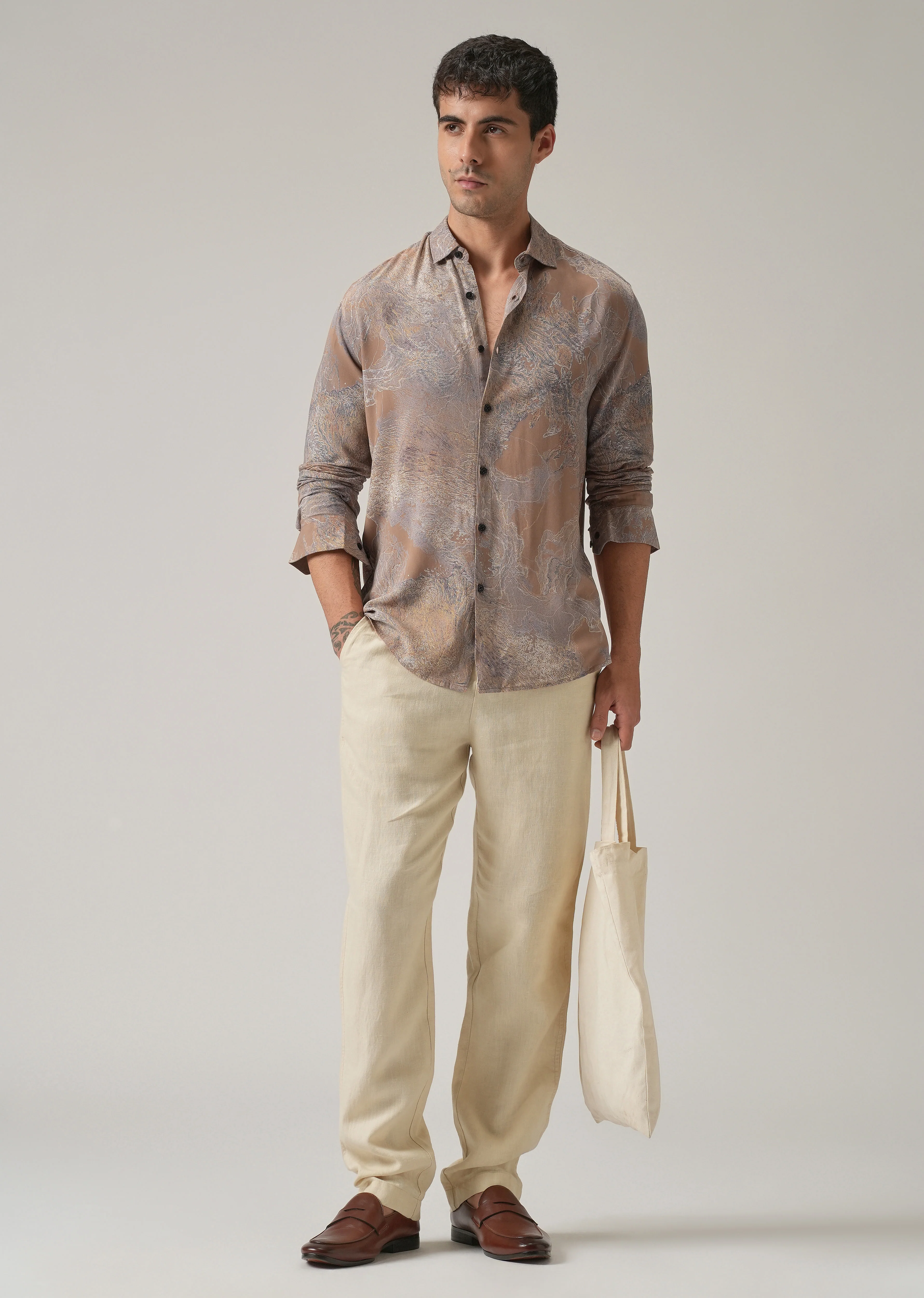 Light Brown Intricate Print Feather Shirt - Image 6