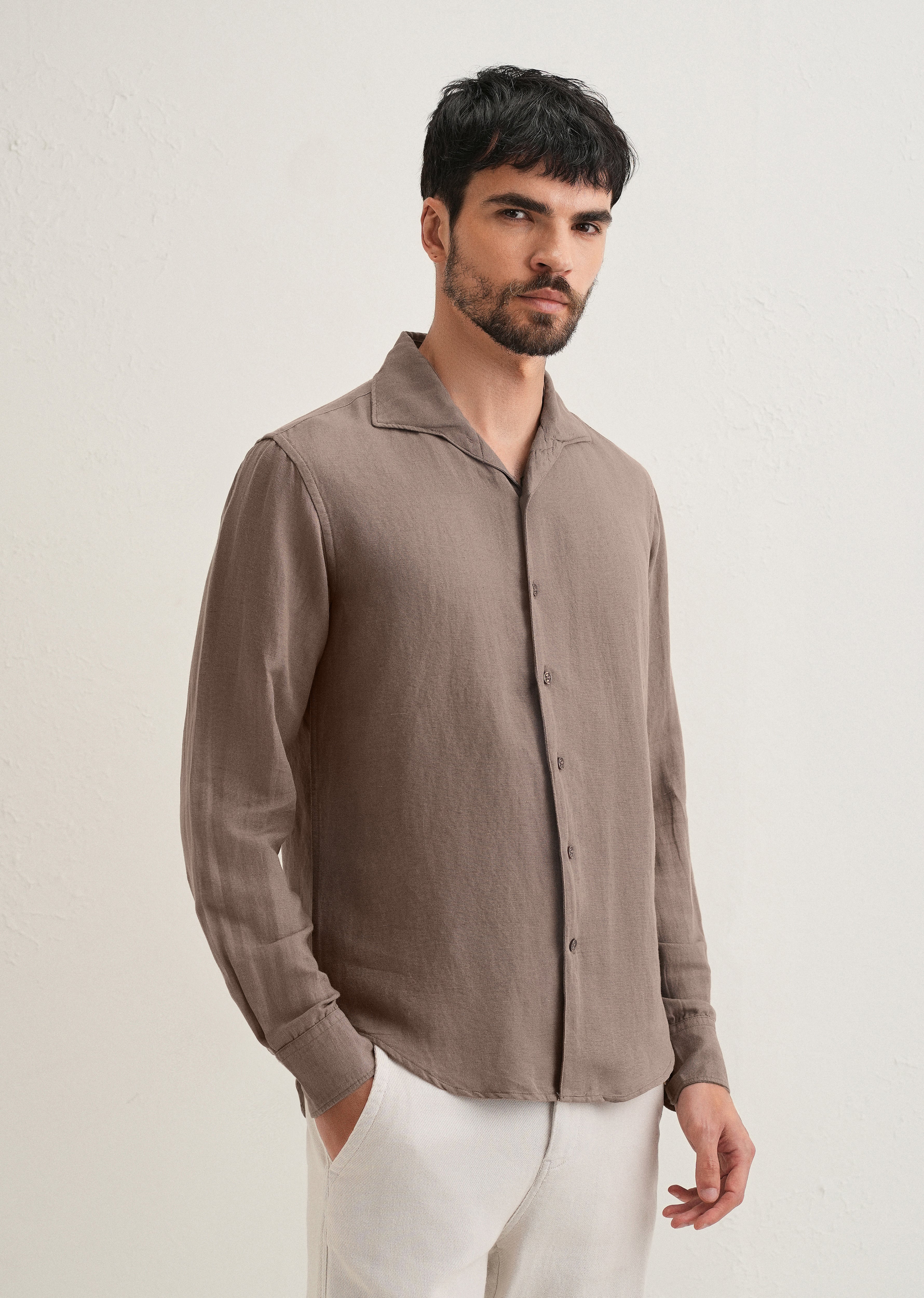 Light Brown Plain Linen Viscose Shirt - Image 5