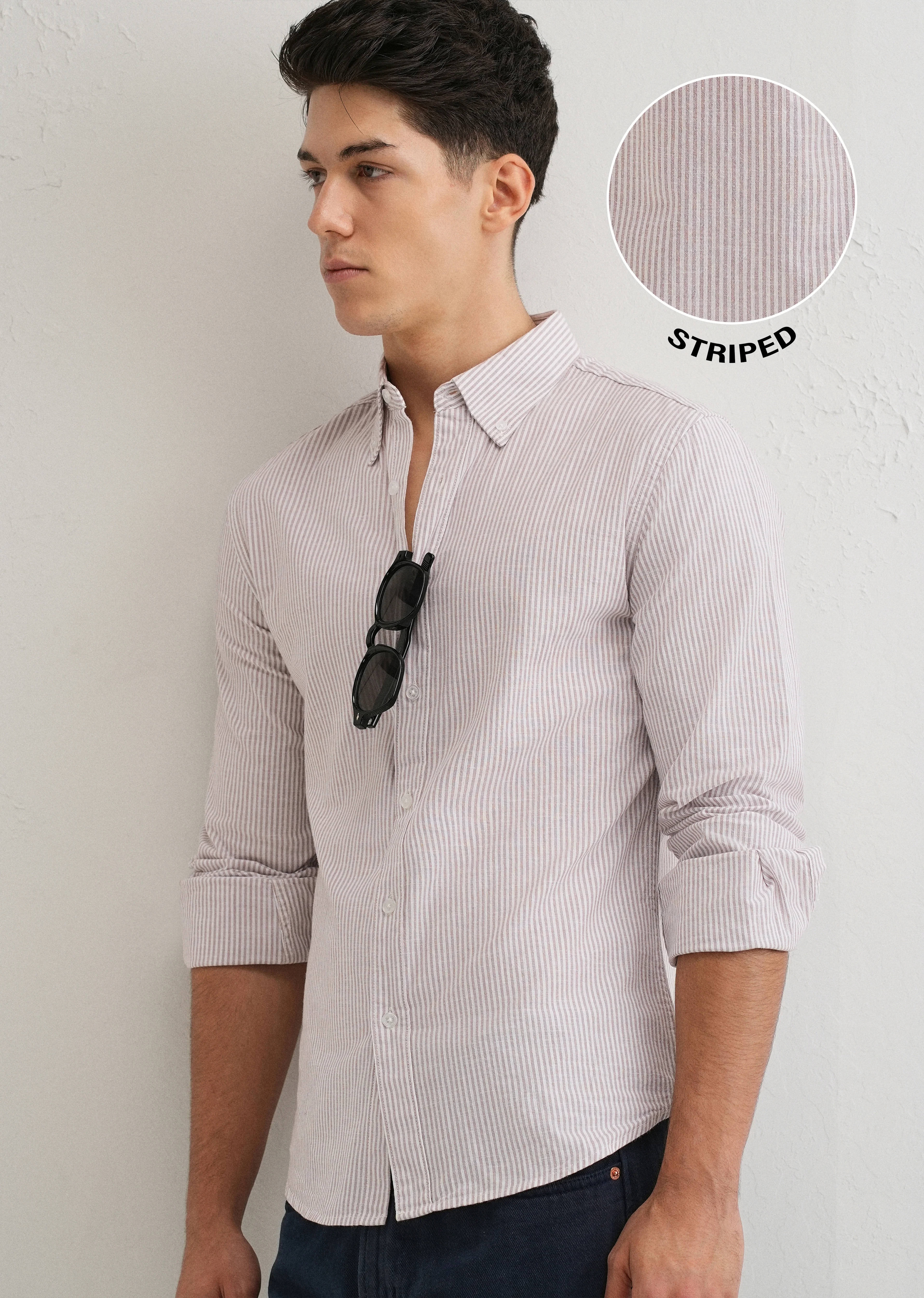 Light Brown Striped Cotton Linen Shirt - Image 2